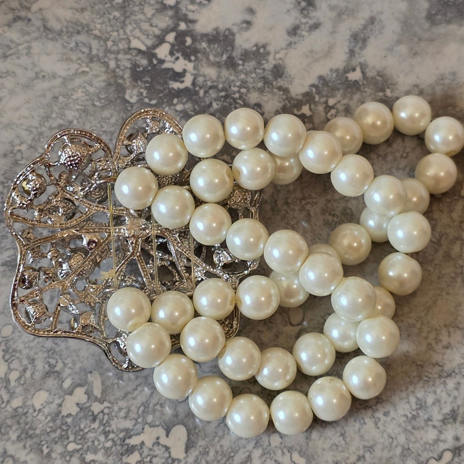 Glam Faux Pearl & Rhinestone 3 Strand Stretch Bracelet - Statement Jewelry