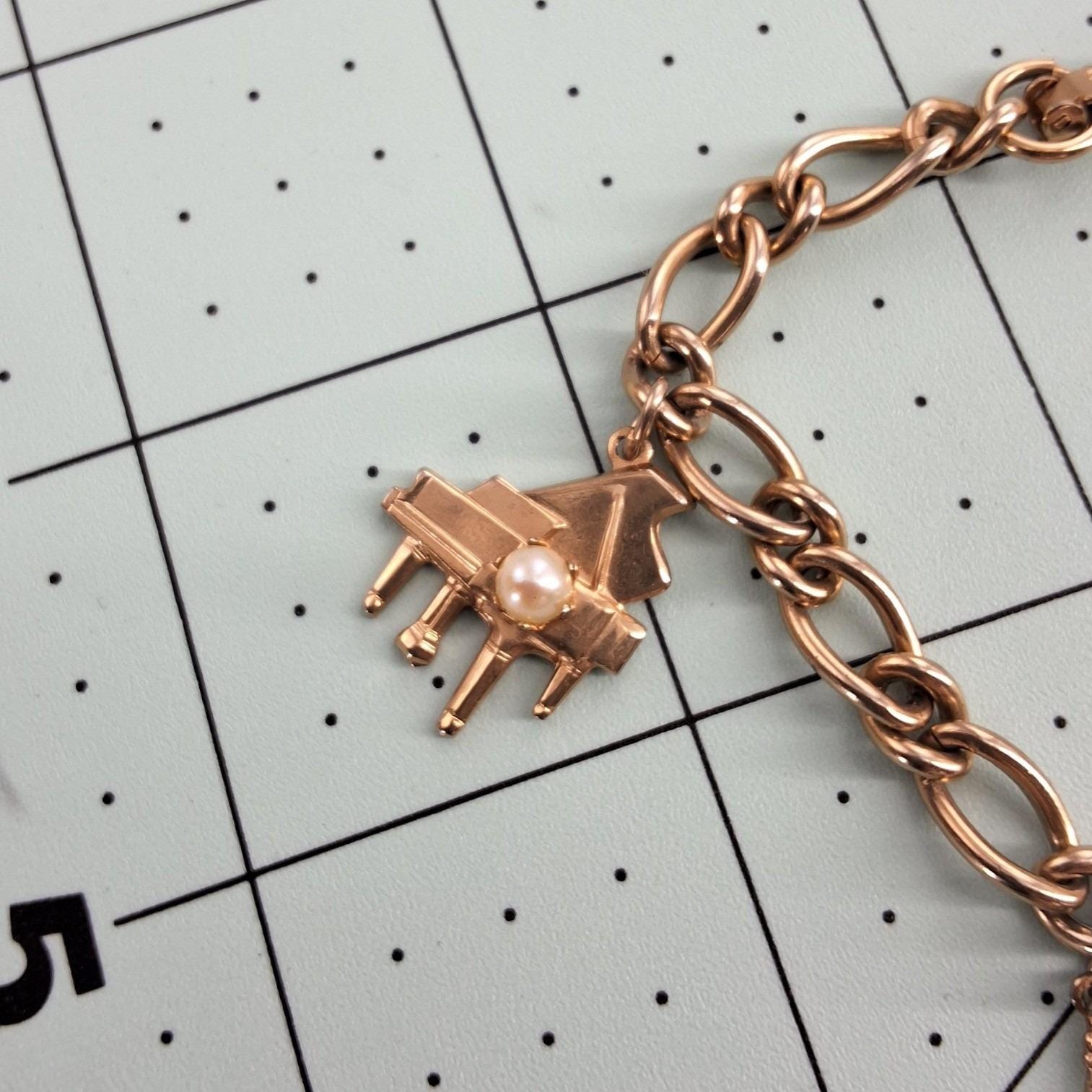 Vintage STAR Musical Instrument Charm Bracelet Gold Tone Faux Pearl - View 7