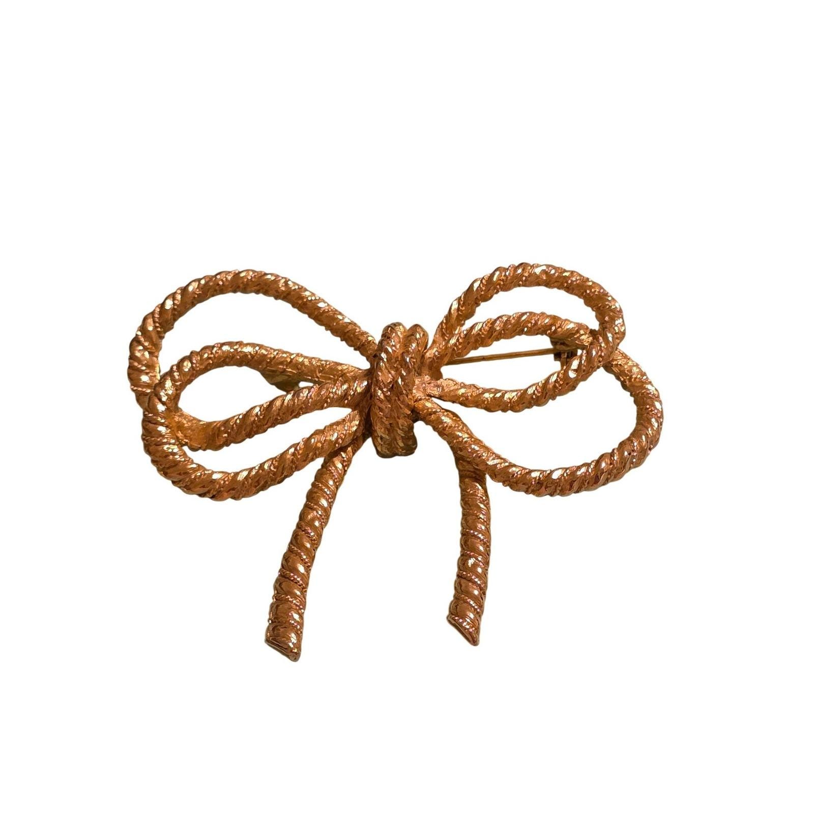 Vintage Gold Tone Twisted Rope Bow Brooch Pin 80s Textured Ribbon Statement