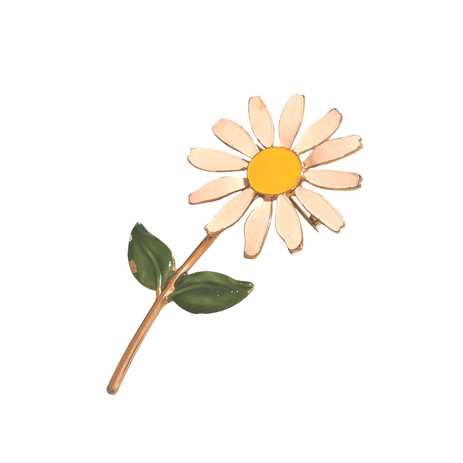 Vintage 1960s Enamel Daisy Flower Brooch Gold Tone Long Stem Mod Floral Pin 3"