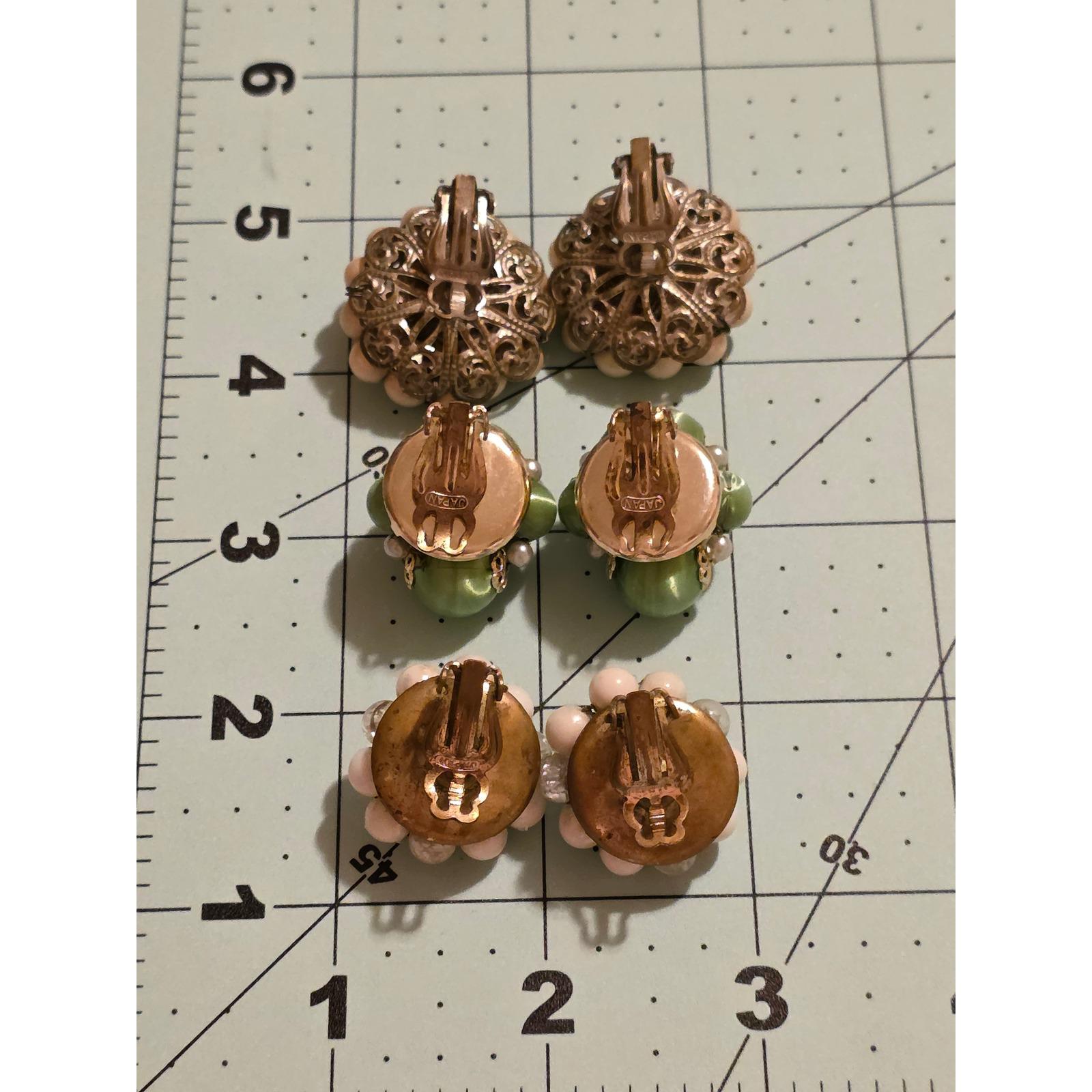 Vintage Japan Sugar Bead Cluster Earrings Lot 3 Pairs MCM Green Multicolor
