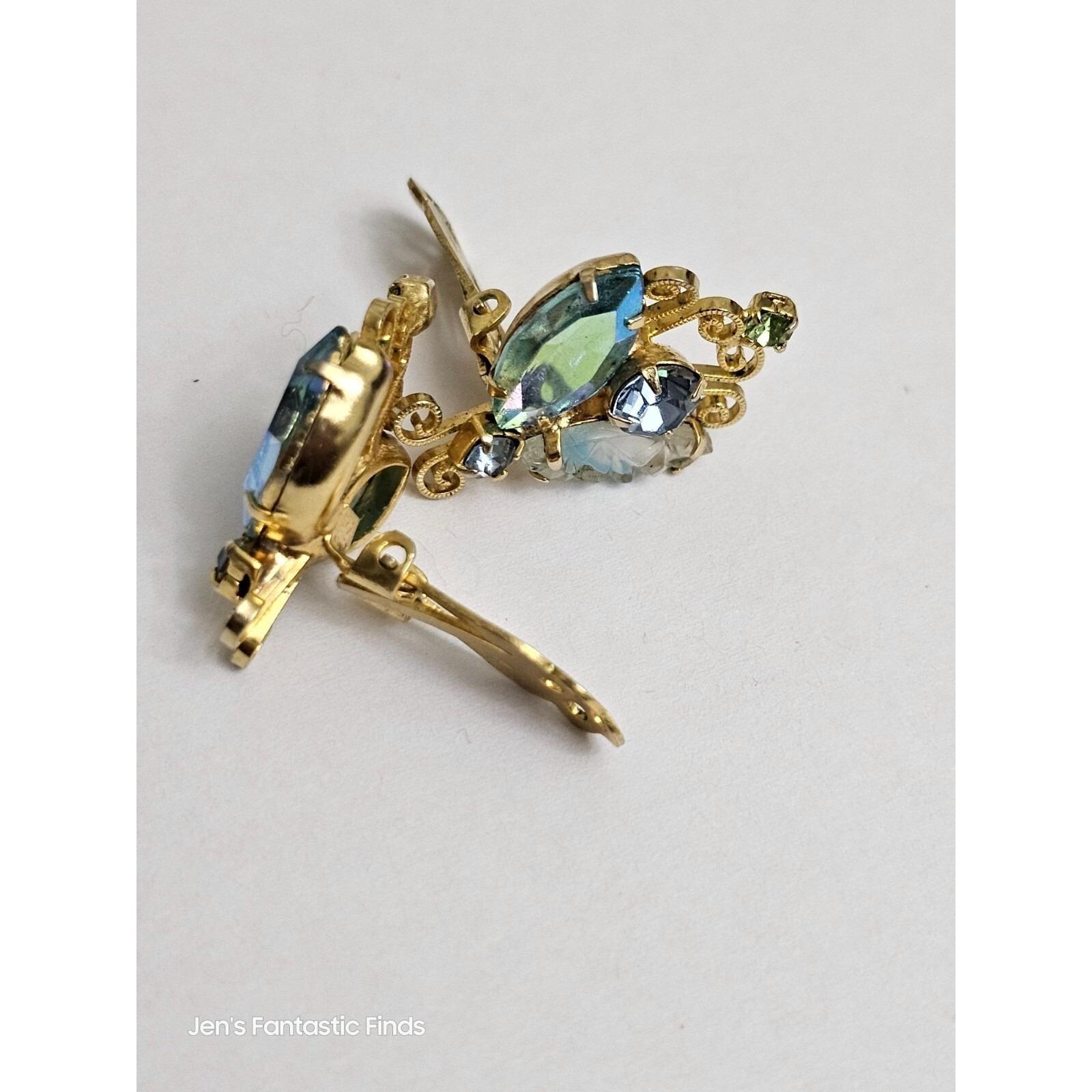 Vtg Juliana DeLizza Elster Blue Aurora Borealis Rhinestone Clip-On Earrings - View 7