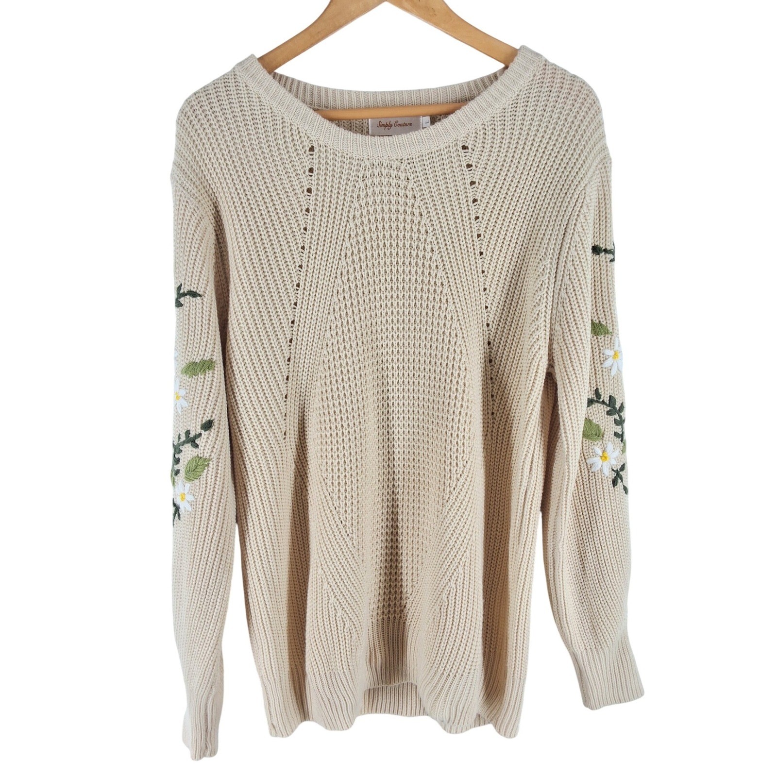 Simply Couture Cream Floral Embroidered Sleeve Chunky Knit Sweater Large Boho