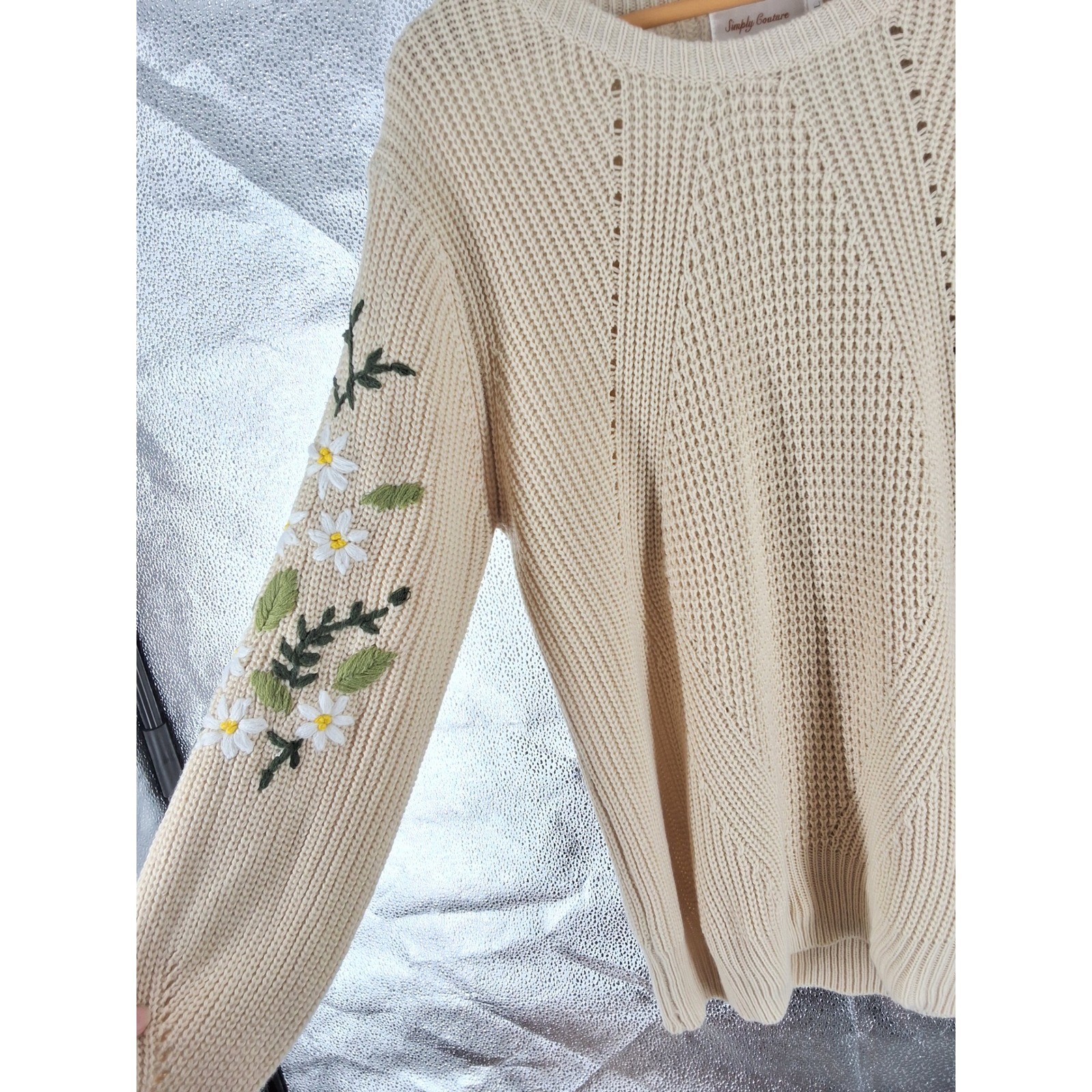 Simply Couture Cream Floral Embroidered Sleeve Chunky Knit Sweater Large Boho - View 3