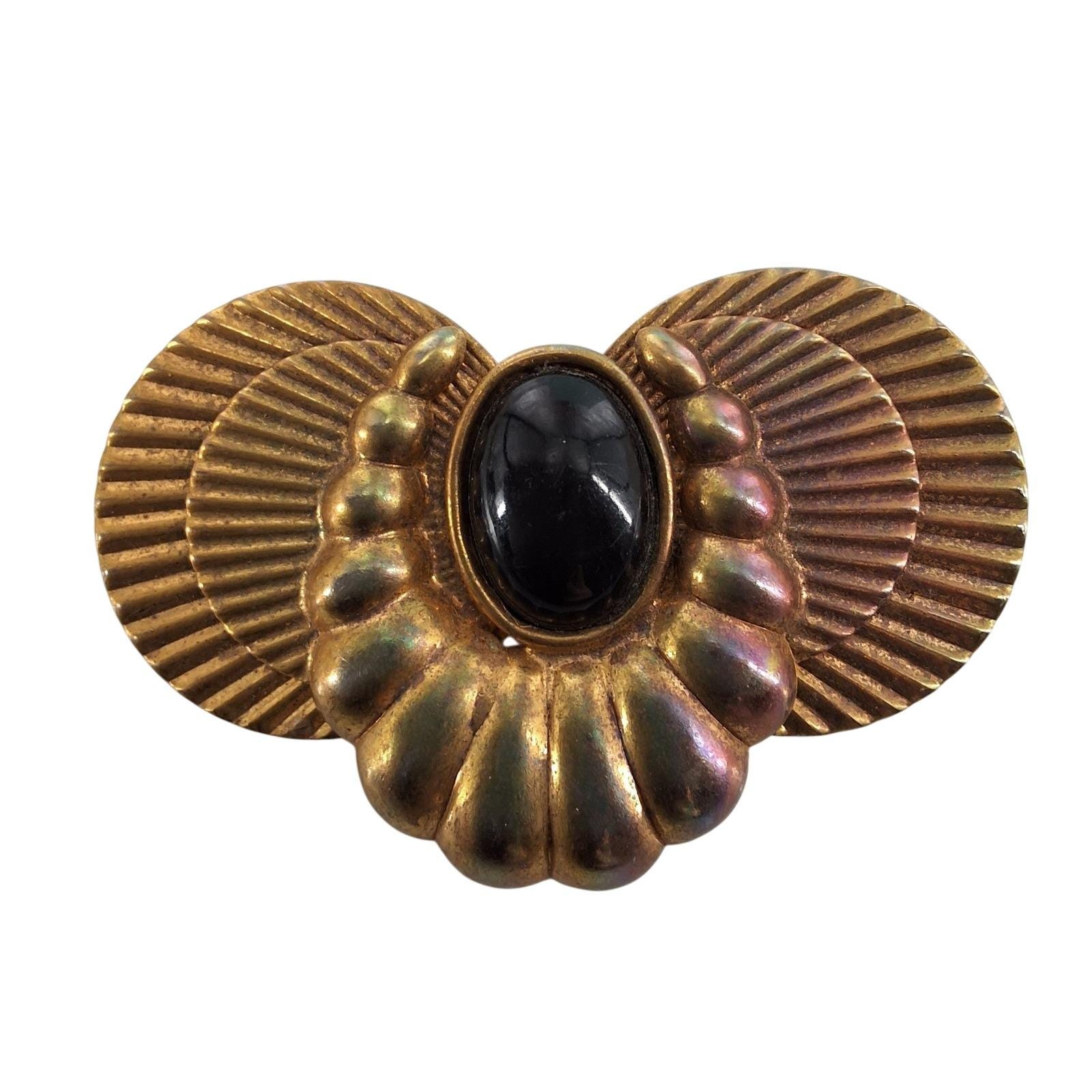 Vintage Art Deco Gold Tone Fan Brooch Black Cabochon Statement Pin
