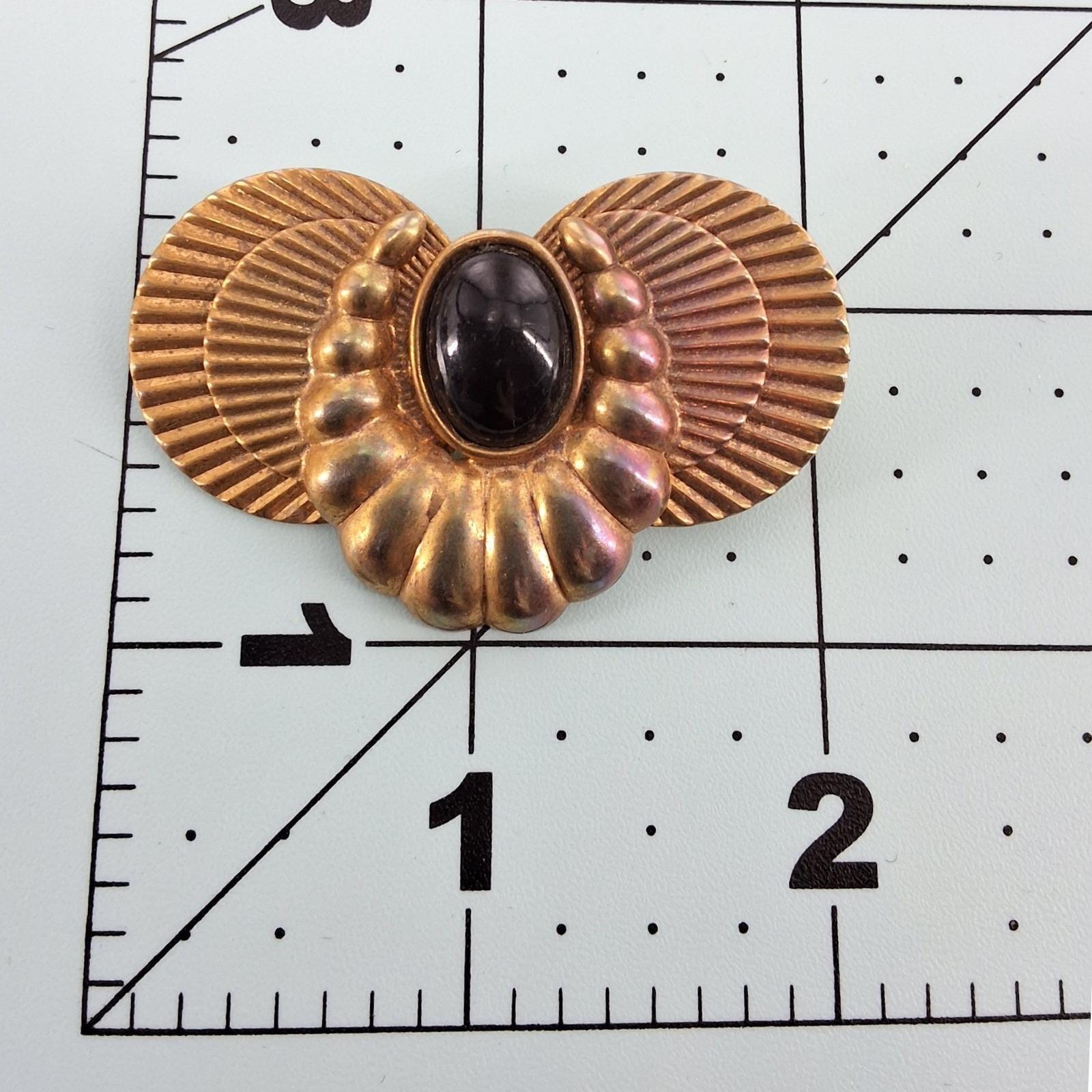 Vintage Art Deco Gold Tone Fan Brooch Black Cabochon Statement Pin - View 3
