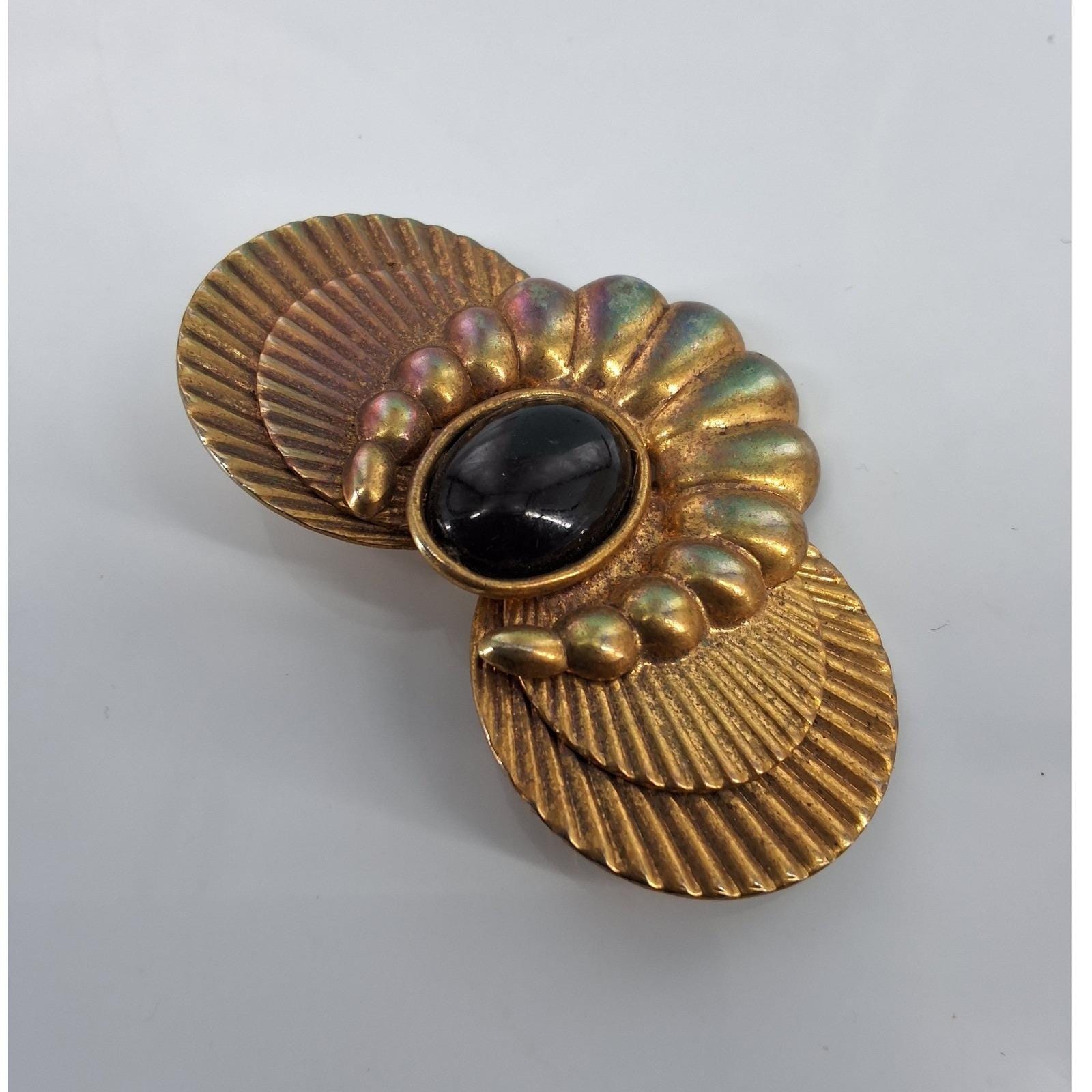 Vintage Art Deco Gold Tone Fan Brooch Black Cabochon Statement Pin - View 4