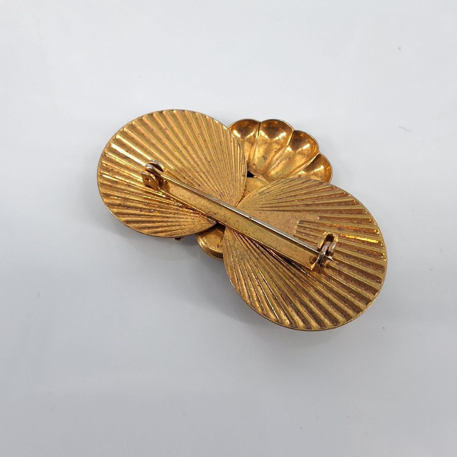 Vintage Art Deco Gold Tone Fan Brooch Black Cabochon Statement Pin - View 5