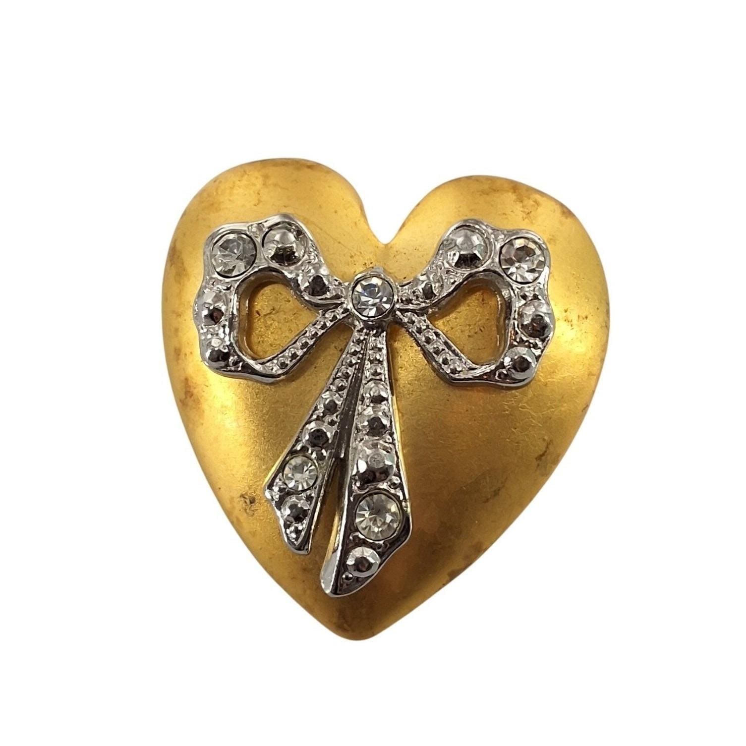 Vintage Gold Puffed Heart Rhinestone Bow Brooch Pin 1.25"