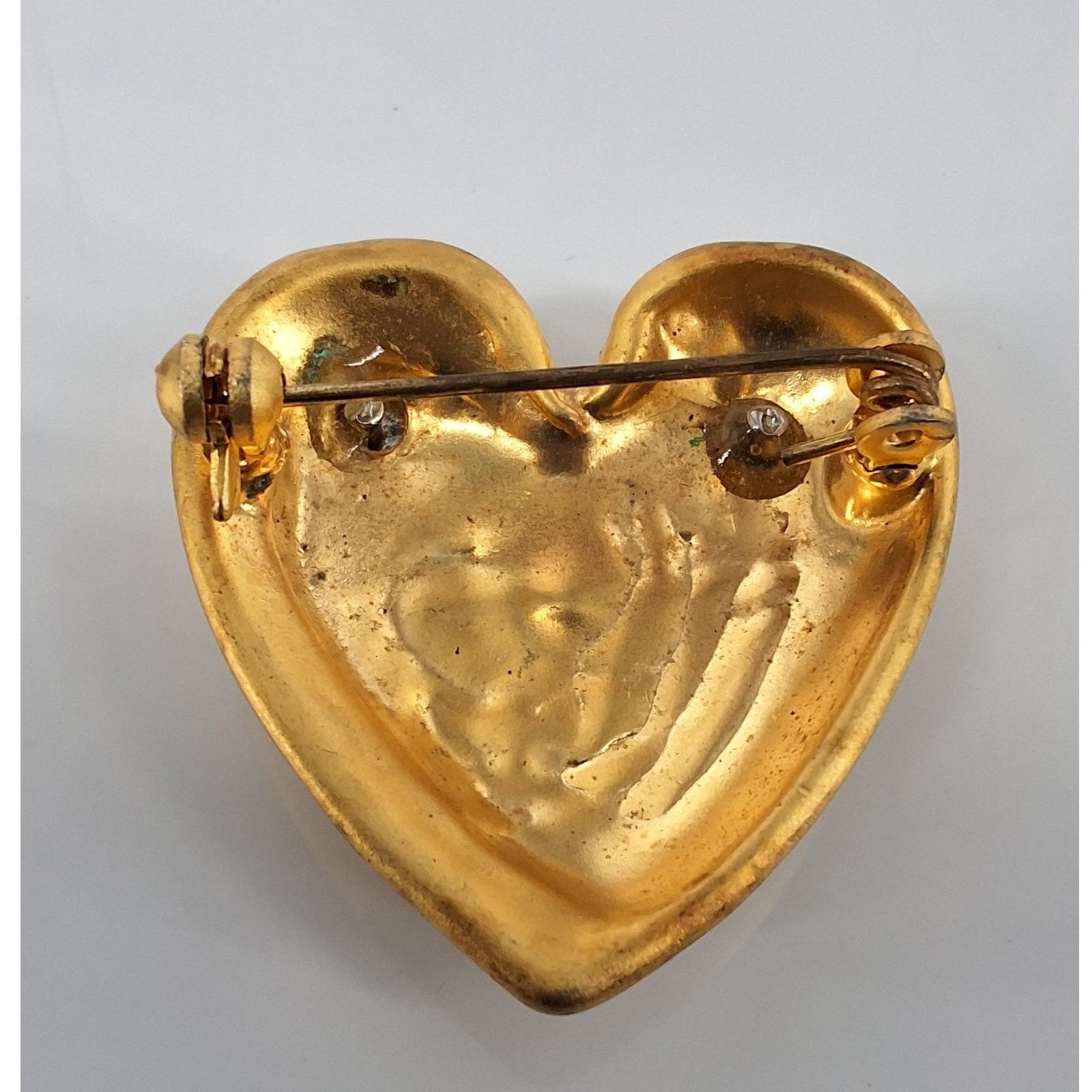 Vintage Gold Puffed Heart Rhinestone Bow Brooch Pin 1.25"