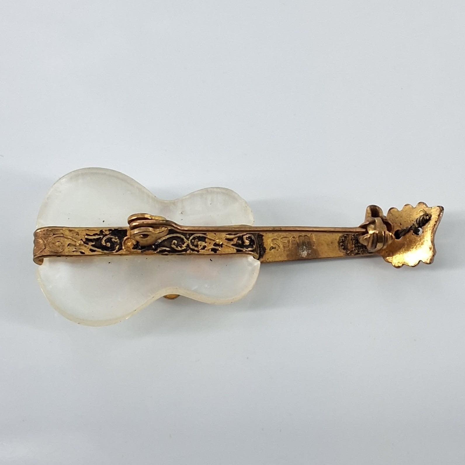 Vintage Damascene Mother of Pearl Guitar Brooch Gold Black Spain Pin 2" - View 8