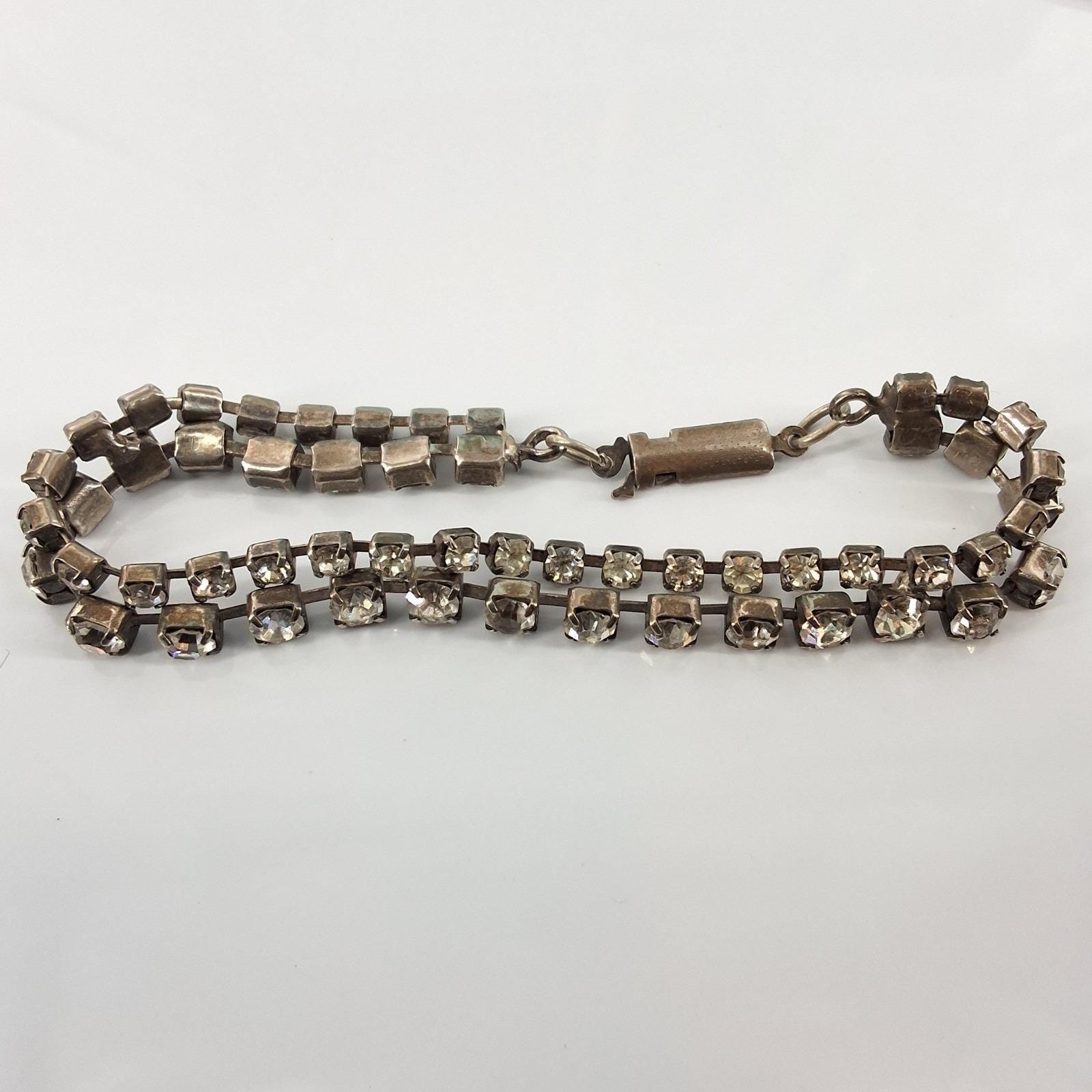 Vintage Double Row Rhinestone Tennis Bracelet Silver Tone 2 Strand 7.25" - View 4