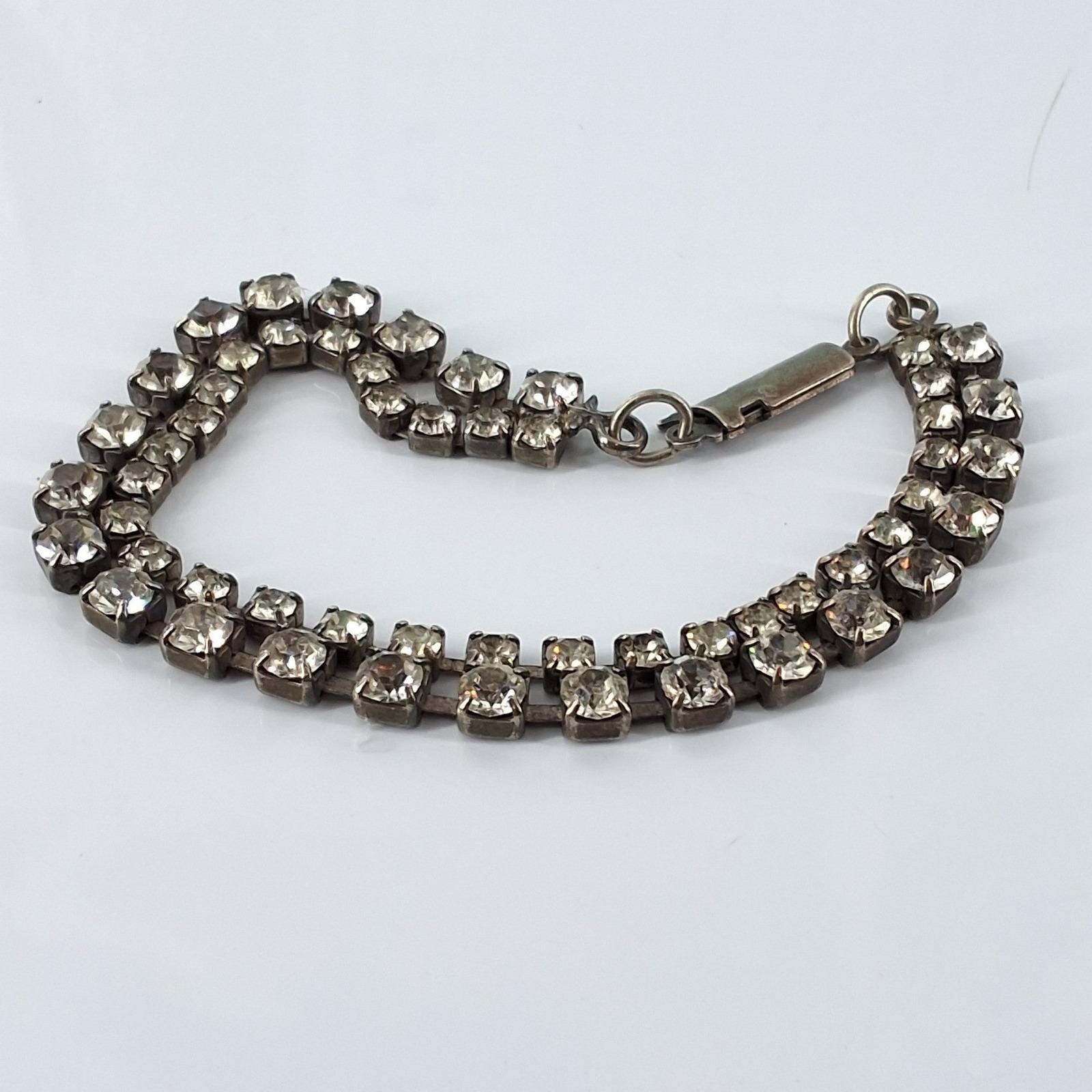 Vintage Double Row Rhinestone Tennis Bracelet Silver Tone 2 Strand 7.25" - View 5