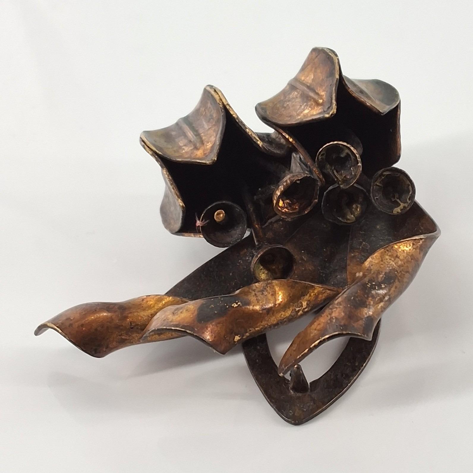 Vintage Bronze Tulip Fur Clip Mid Century Sculptural Floral Statement Brooch - View 7
