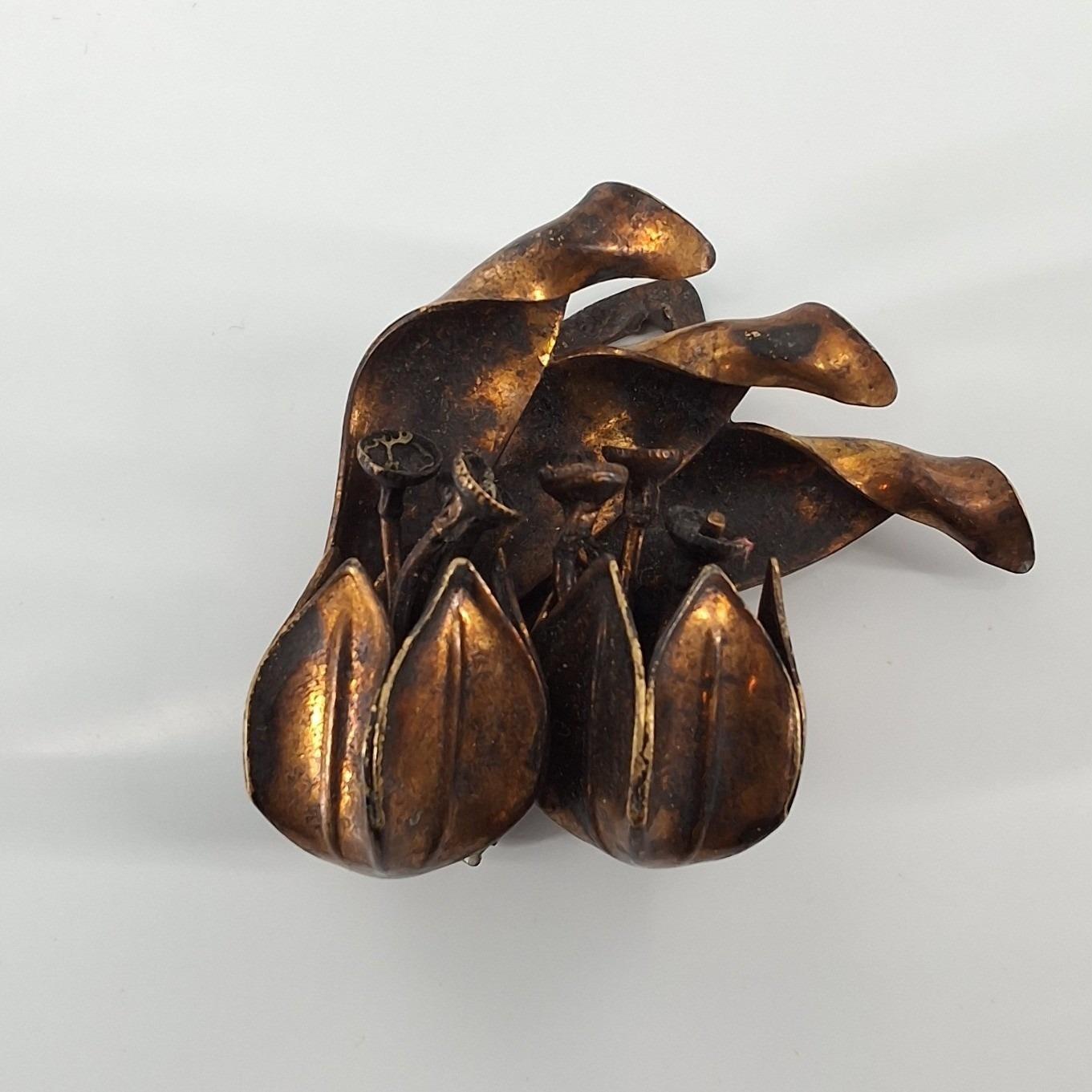 Vintage Bronze Tulip Fur Clip Mid Century Sculptural Floral Statement Brooch - View 8