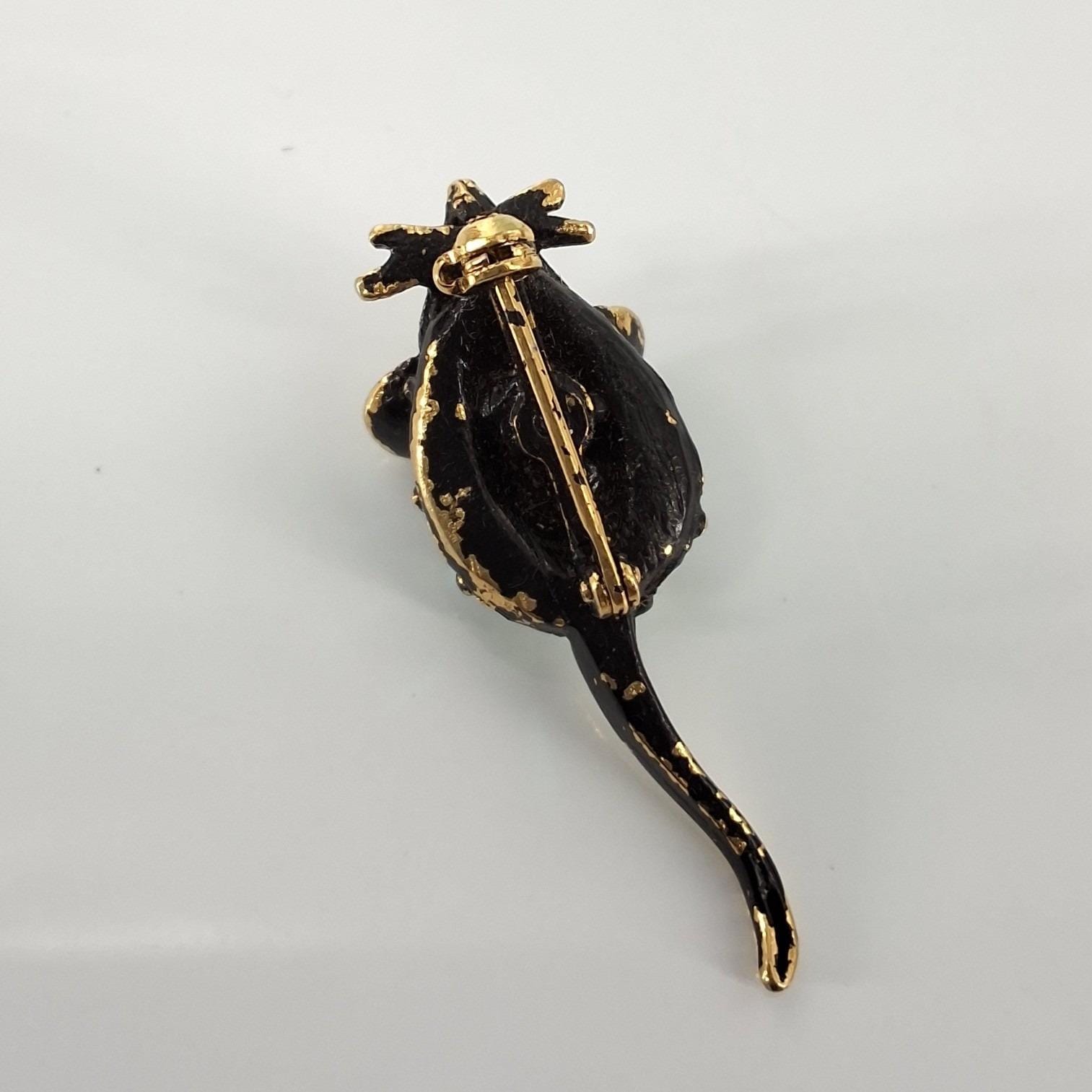 Vintage Gold Tone Black Enamel Mouse Brooch Blue Green AB Rhinestone Pin