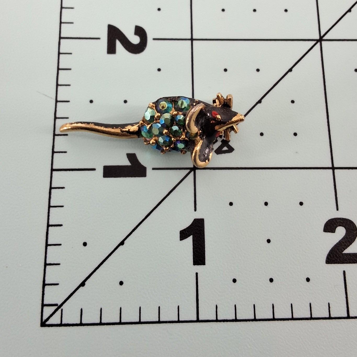 Vintage Gold Tone Black Enamel Mouse Brooch Blue Green AB Rhinestone Pin - View 3