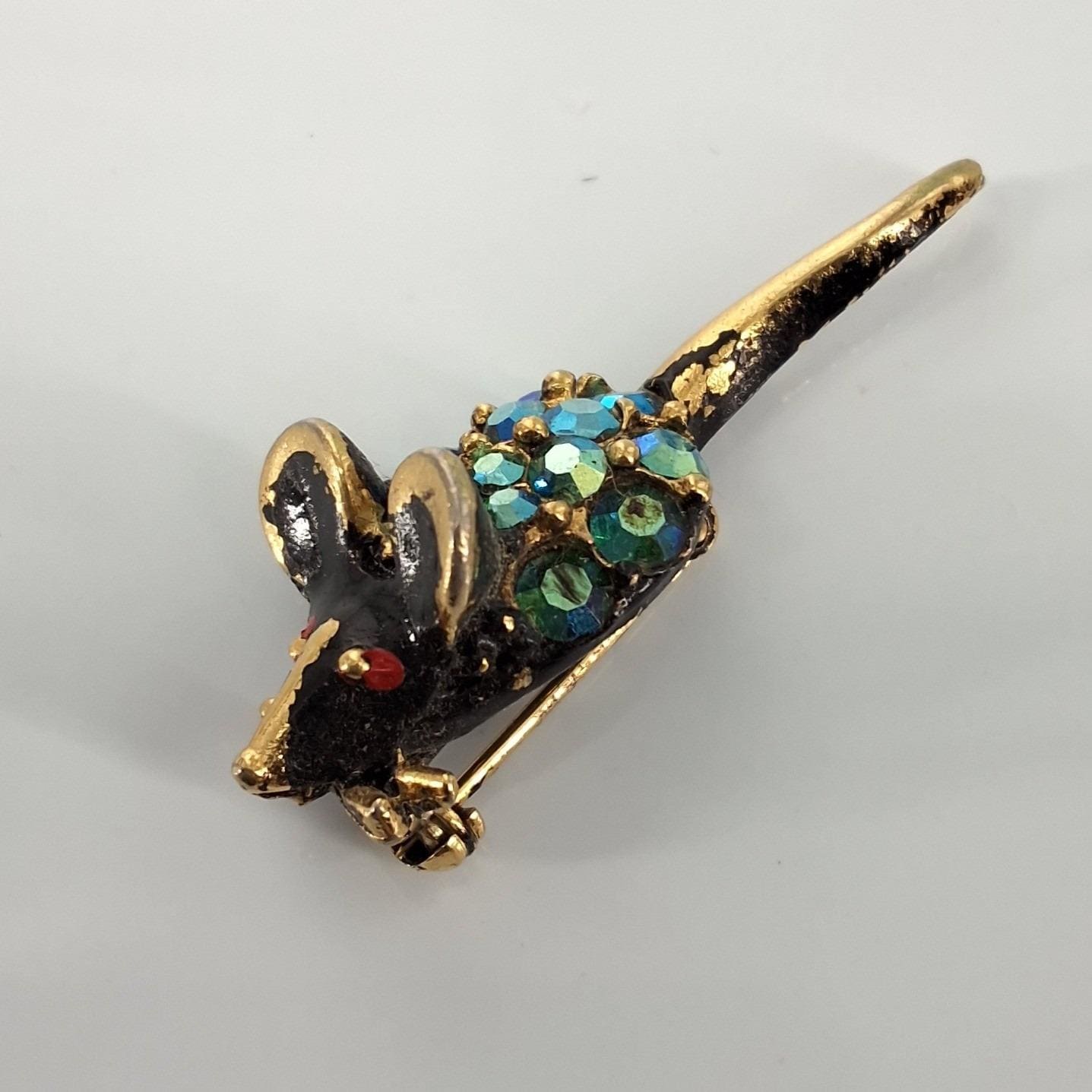 Vintage Gold Tone Black Enamel Mouse Brooch Blue Green AB Rhinestone Pin - View 4