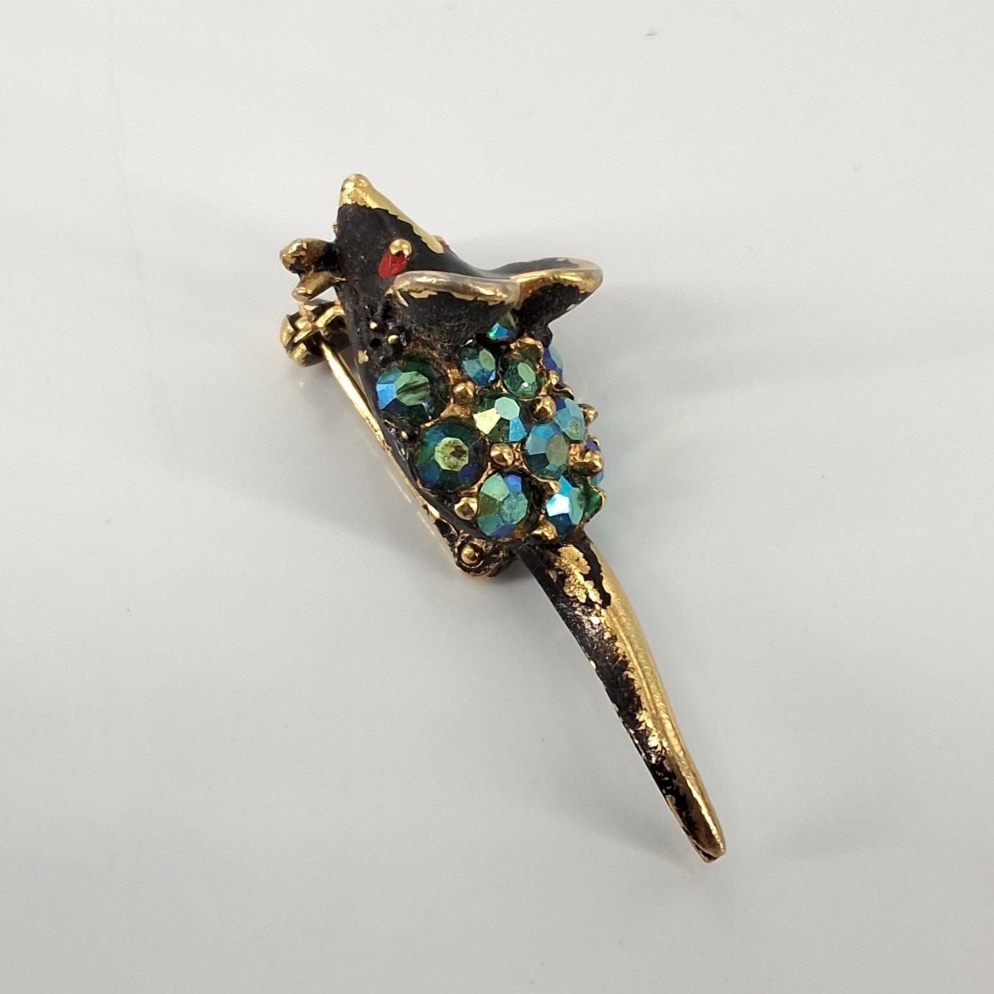 Vintage Gold Tone Black Enamel Mouse Brooch Blue Green AB Rhinestone Pin - View 5