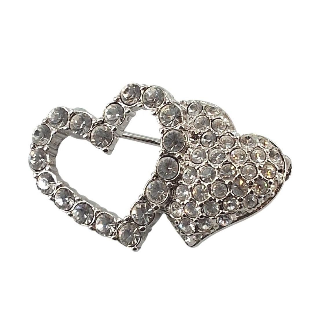 Swarovski Vintage Interlocking Double Heart Brooch Pin Pave Crystal Silver