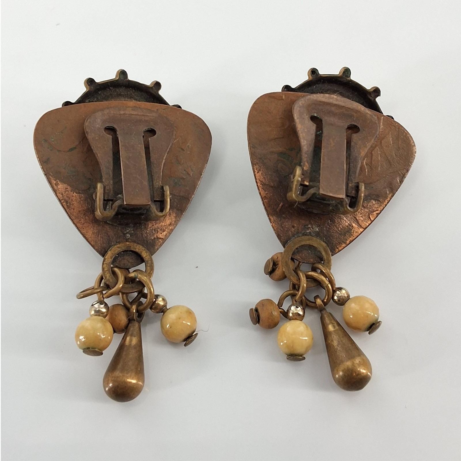 Vintage Brutalist Tiger's Eye Copper Dangle Clip On Earrings Shield Boho