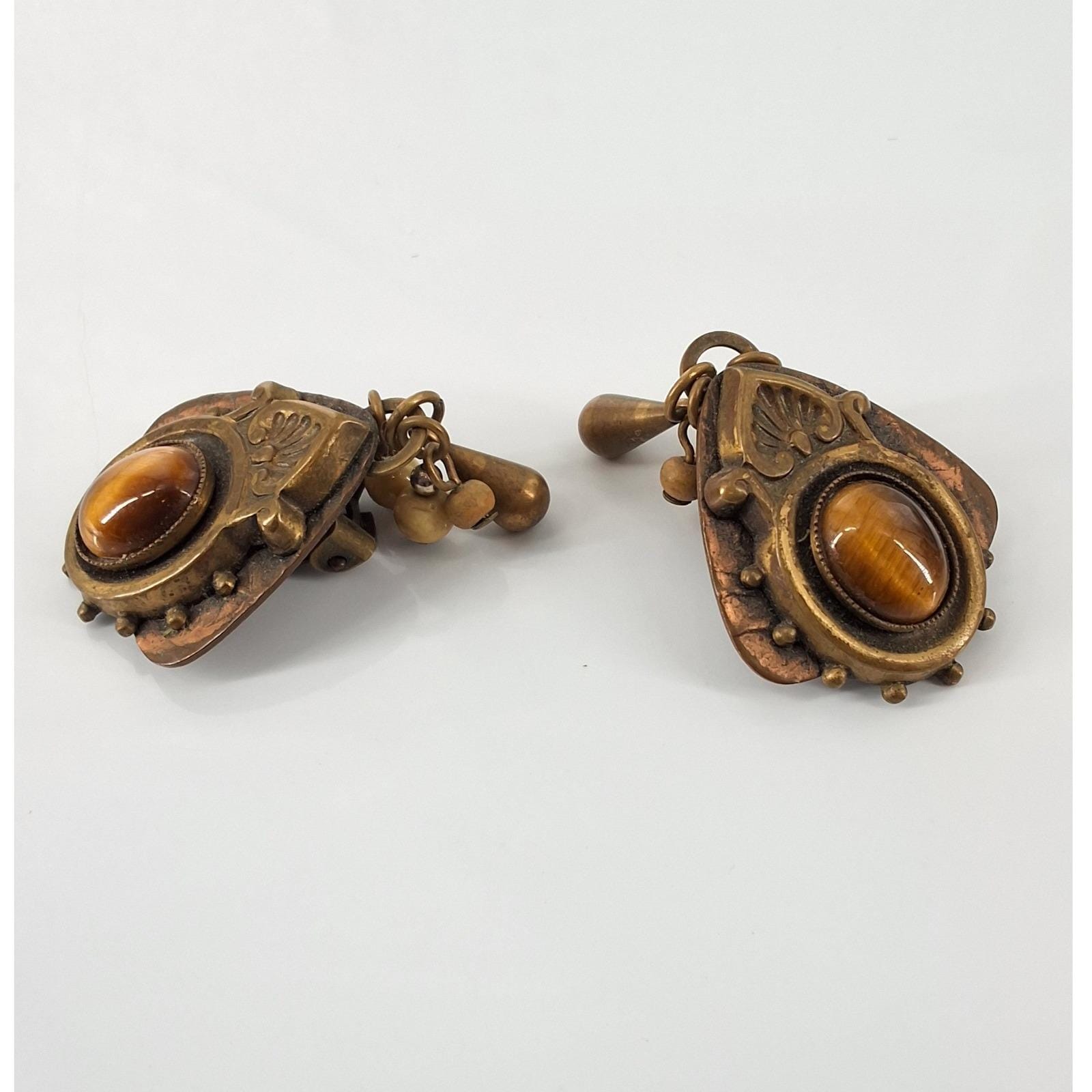 Vintage Brutalist Tiger's Eye Copper Dangle Clip On Earrings Shield Boho - View 3
