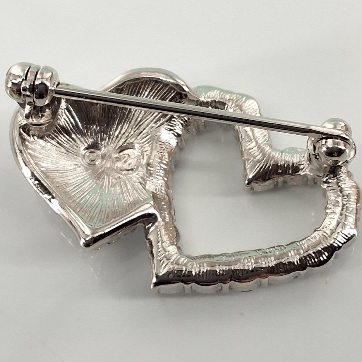 Swarovski Vintage Interlocking Double Heart Brooch Pin Pave Crystal Silver - View 5