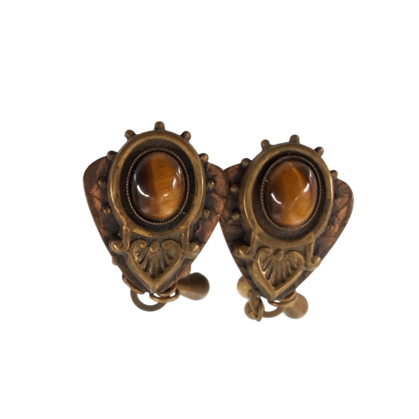 Vintage Brutalist Tiger's Eye Copper Dangle Clip On Earrings Shield Boho - View 6