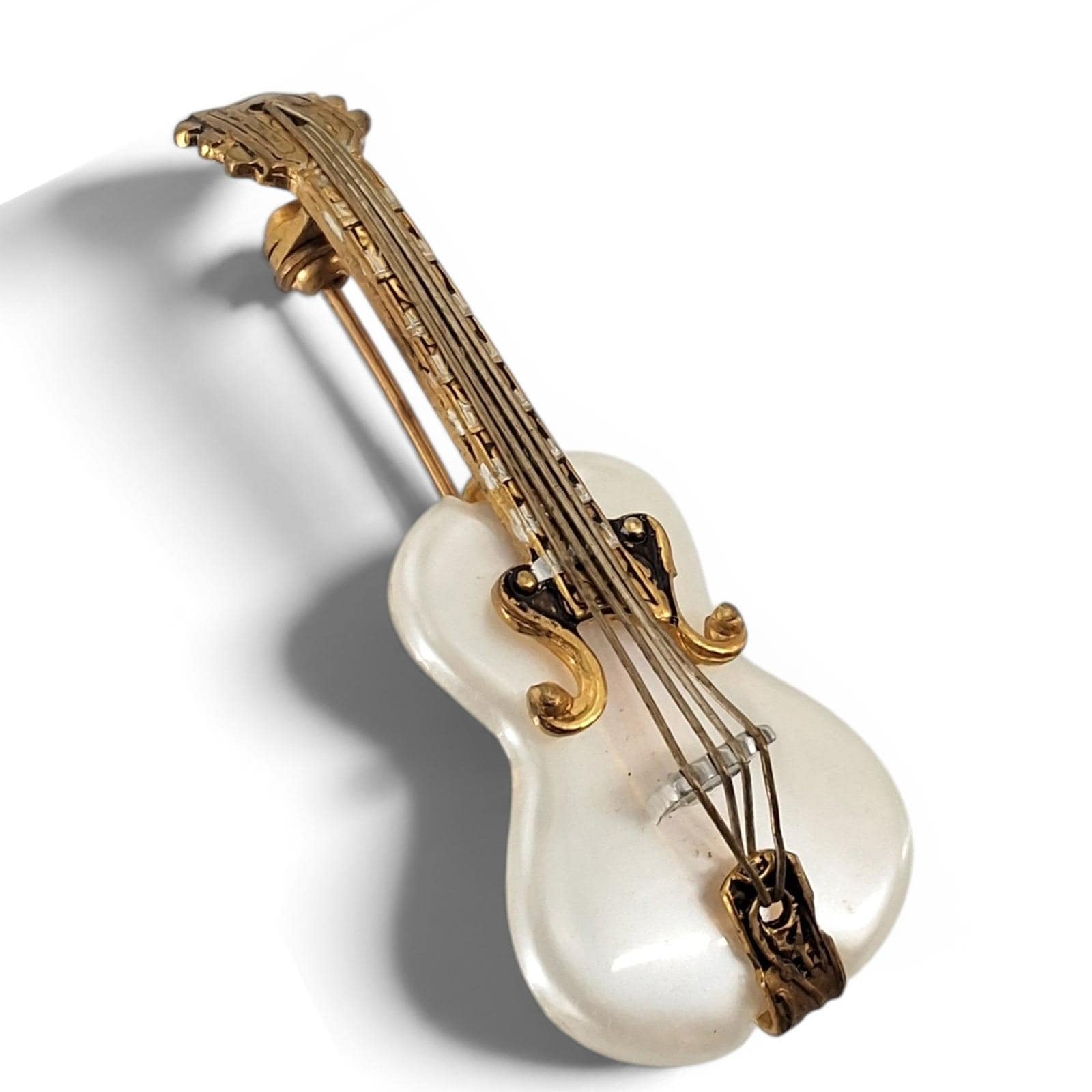 Vintage Damascene Mother of Pearl Guitar Brooch Gold Black Spain Pin 2"