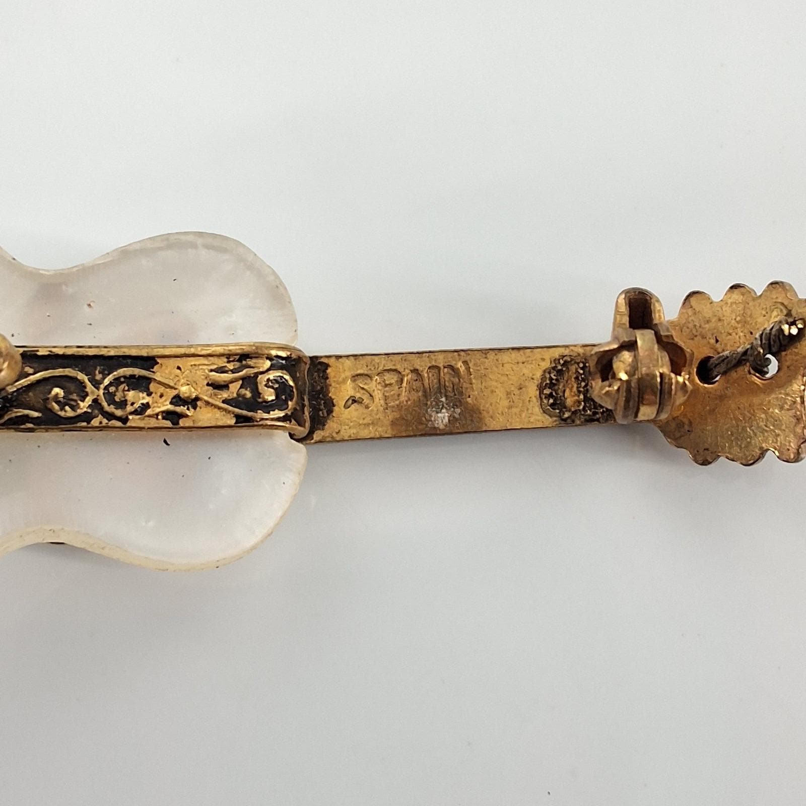 Vintage Damascene Mother of Pearl Guitar Brooch Gold Black Spain Pin 2"