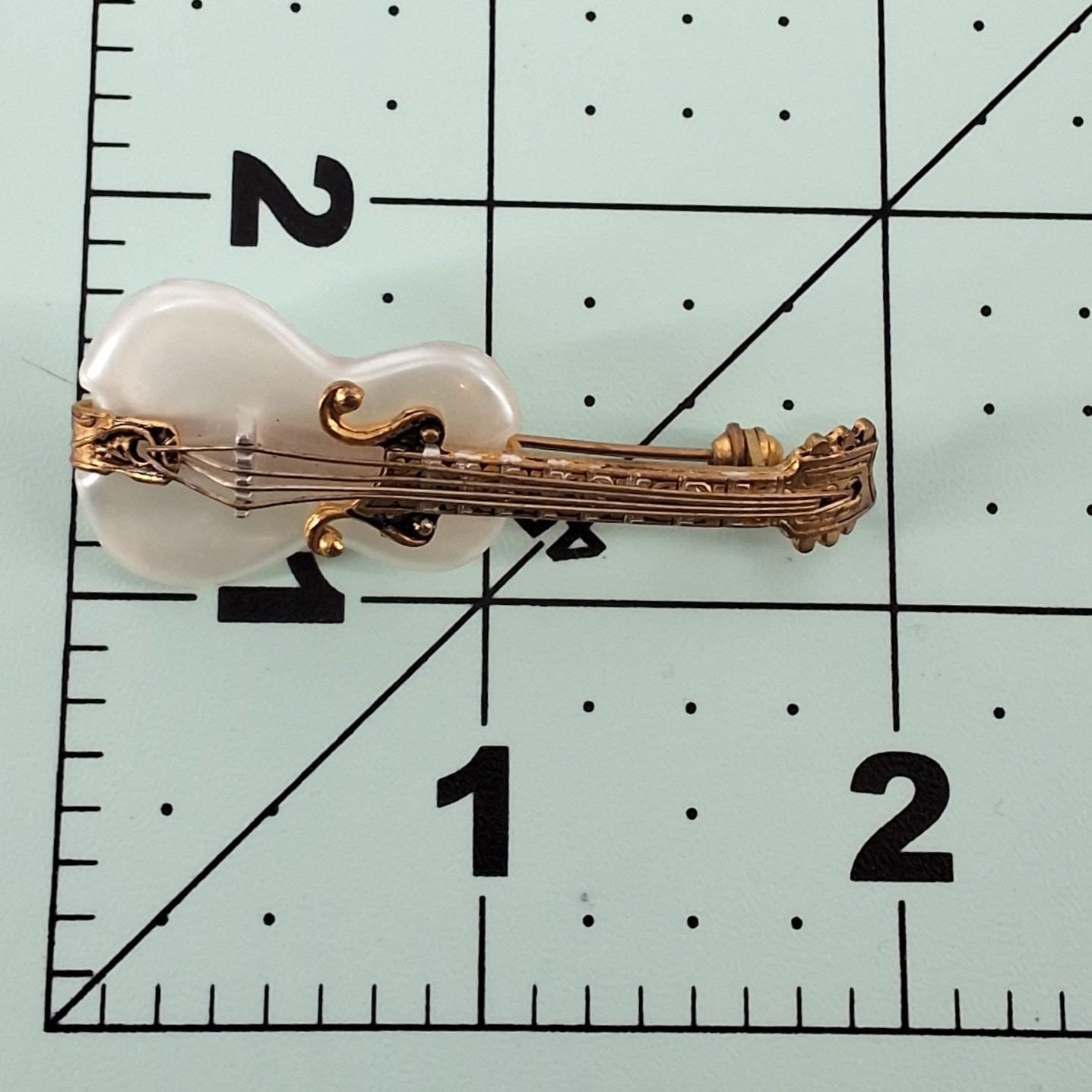 Vintage Damascene Mother of Pearl Guitar Brooch Gold Black Spain Pin 2" - View 5