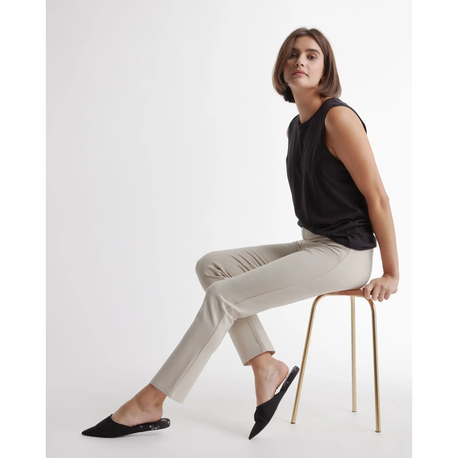 Quince Ultra-Stretch Ponte Straight Leg Pant Small Petite Ecru NWOT - View 5