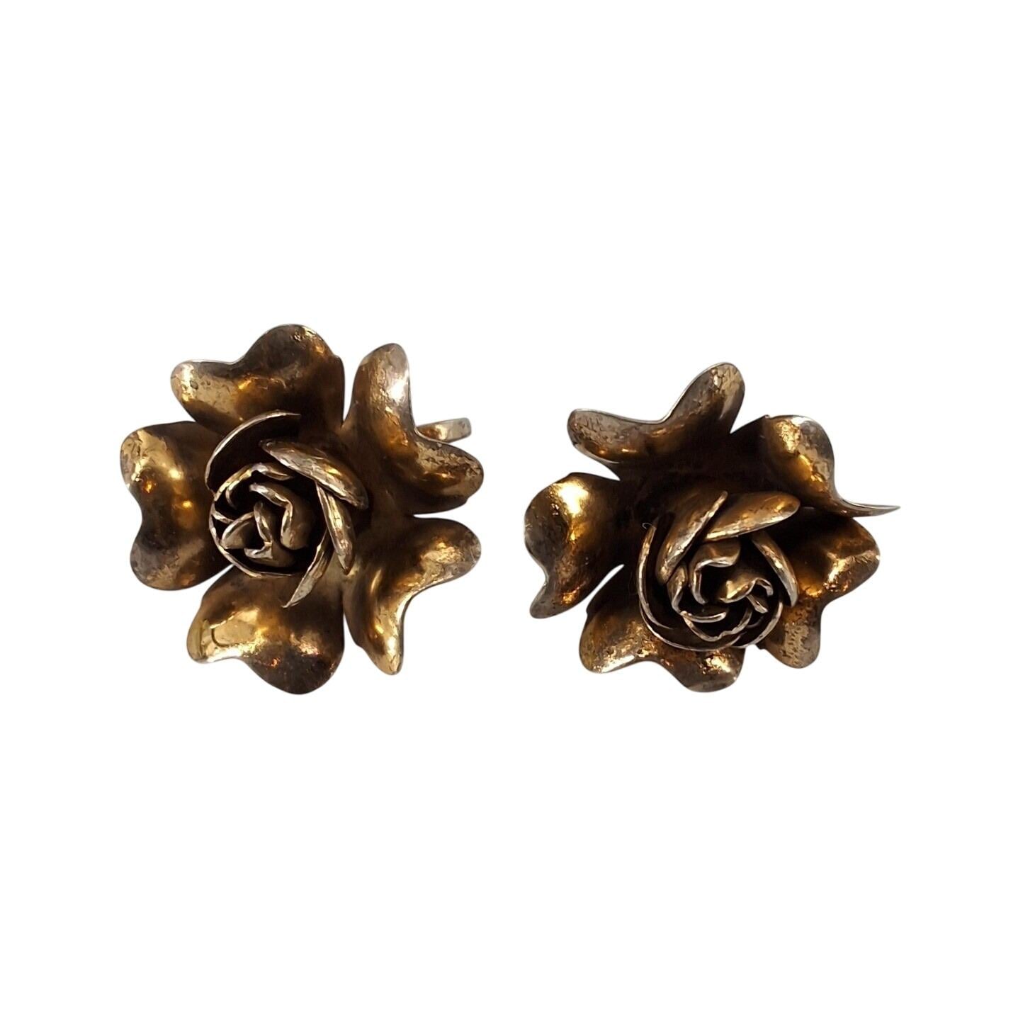 Vintage 1940s Rose Flower Screw Back Earrings Gold Tone Dimensional Costume