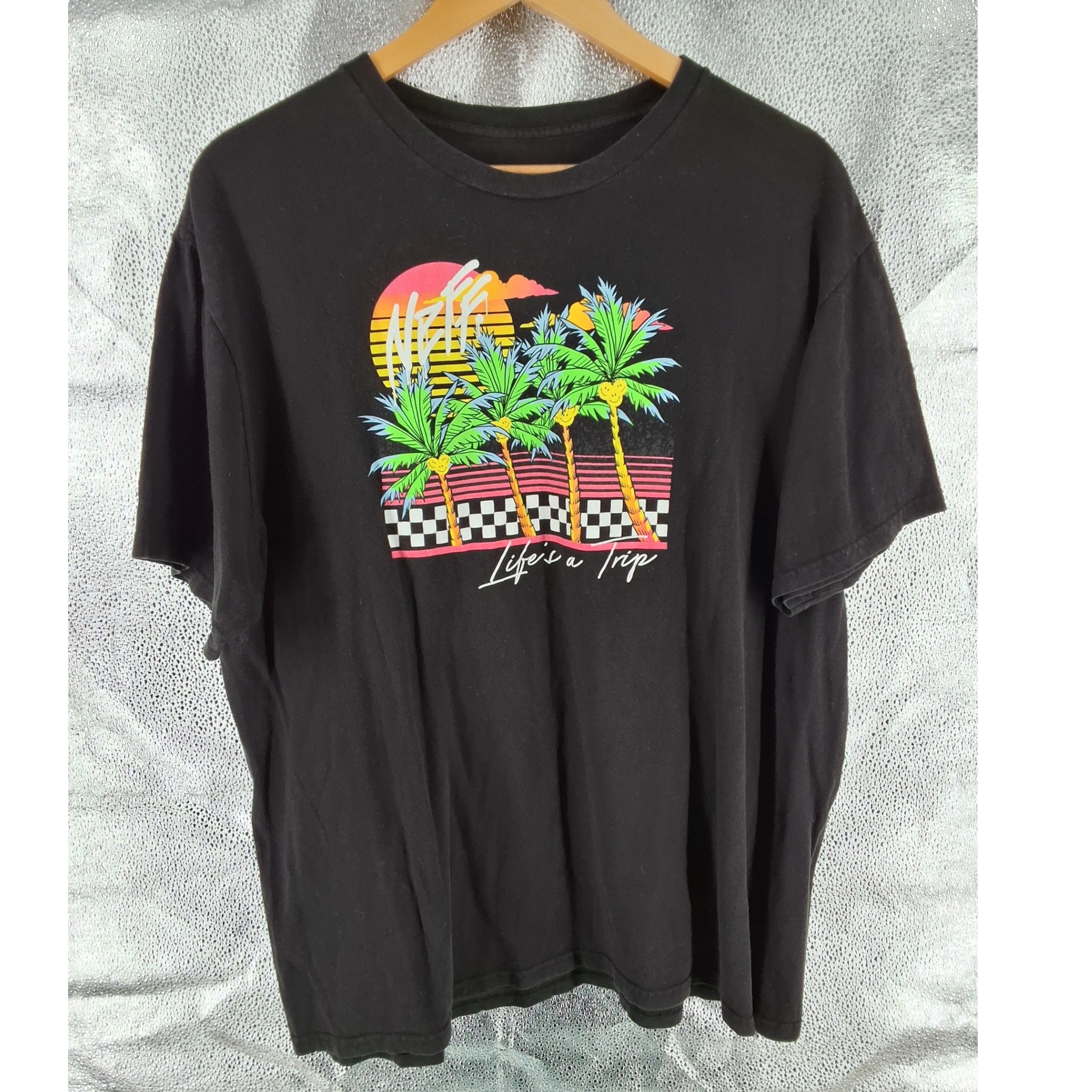 Neff Life's a Trip Graphic T-Shirt Mens XL Black Retro Sunset Palm Tree Skate