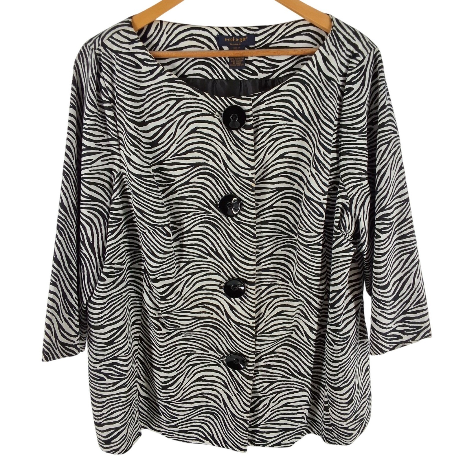Ecologie Woman Zebra Print Jacket Blazer Black White Plus 2X Lined Collarless
