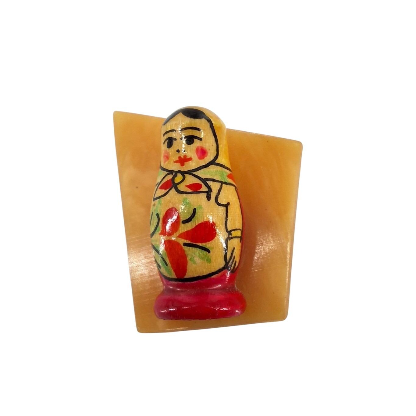 Vintage Russian Matryoshka Doll Wood Brooch Resin Folk Art Pin