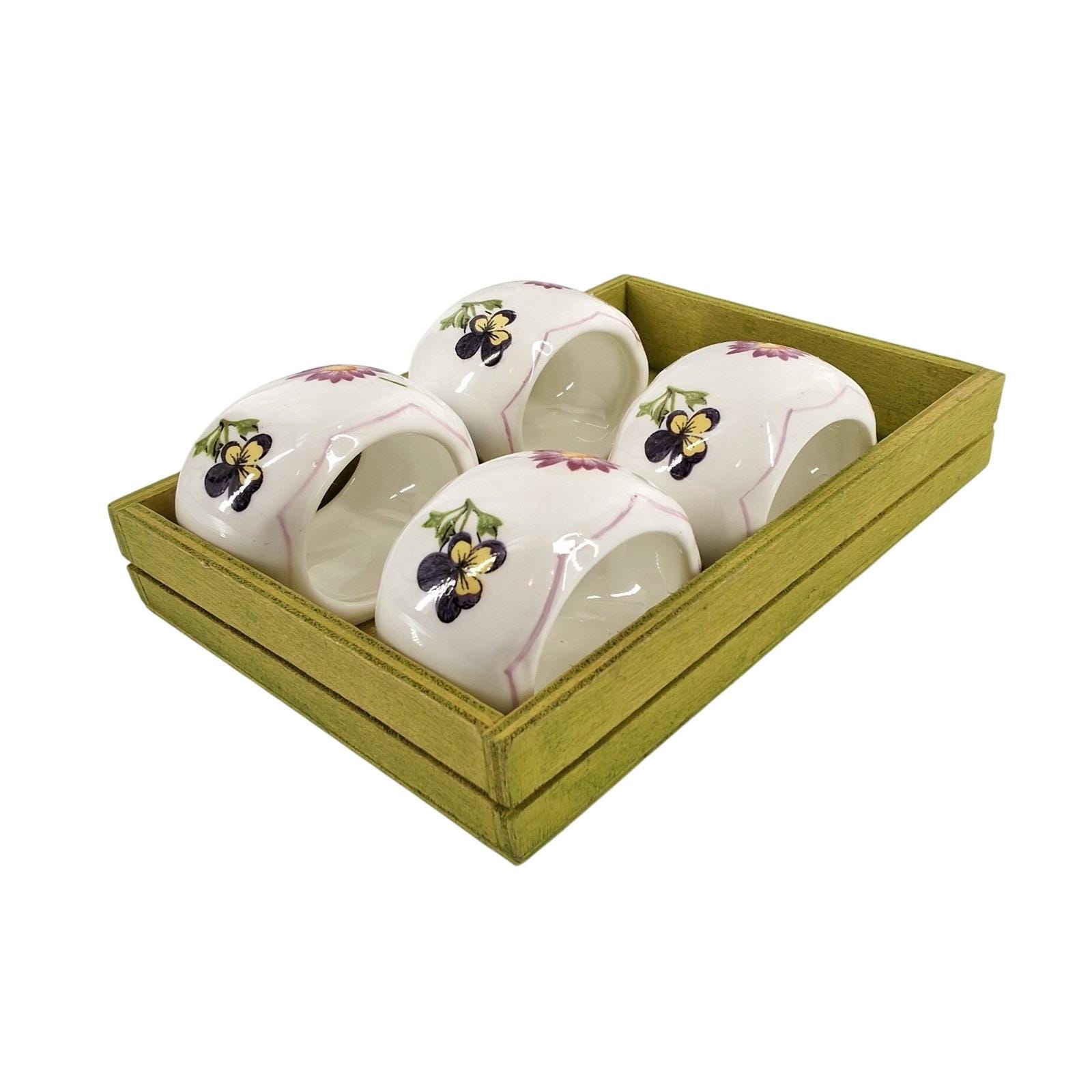Vintage 1986 Pia Bone China Napkin Rings Set of 4 Floral with Display Tray