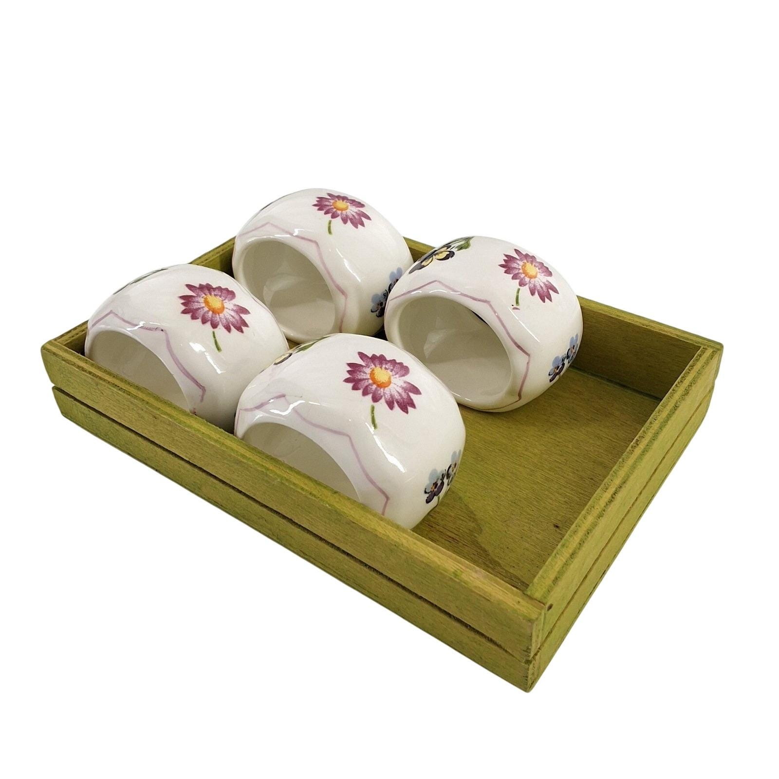 Vintage 1986 Pia Bone China Napkin Rings Set of 4 Floral with Display Tray - View 3