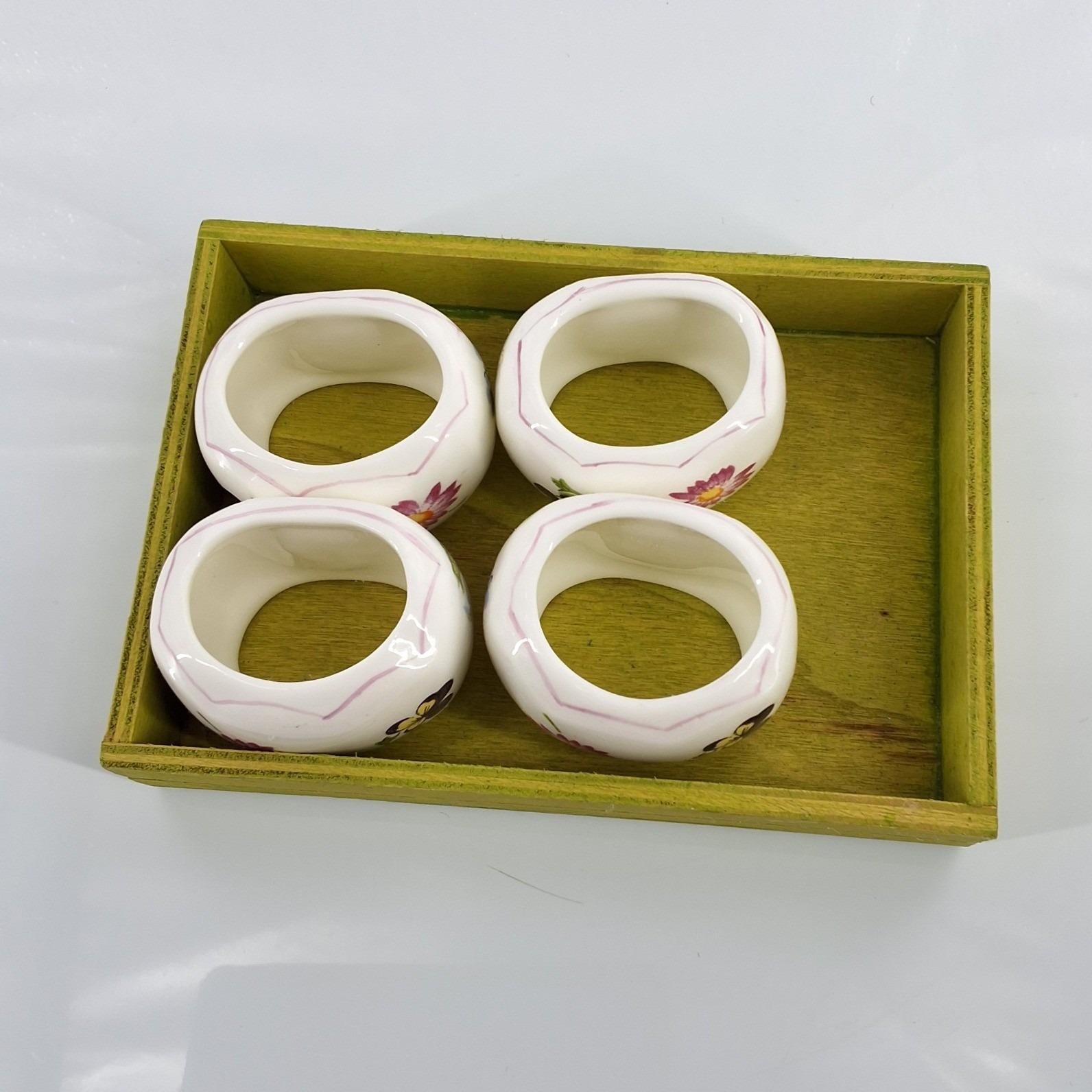 Vintage 1986 Pia Bone China Napkin Rings Set of 4 Floral with Display Tray - View 7