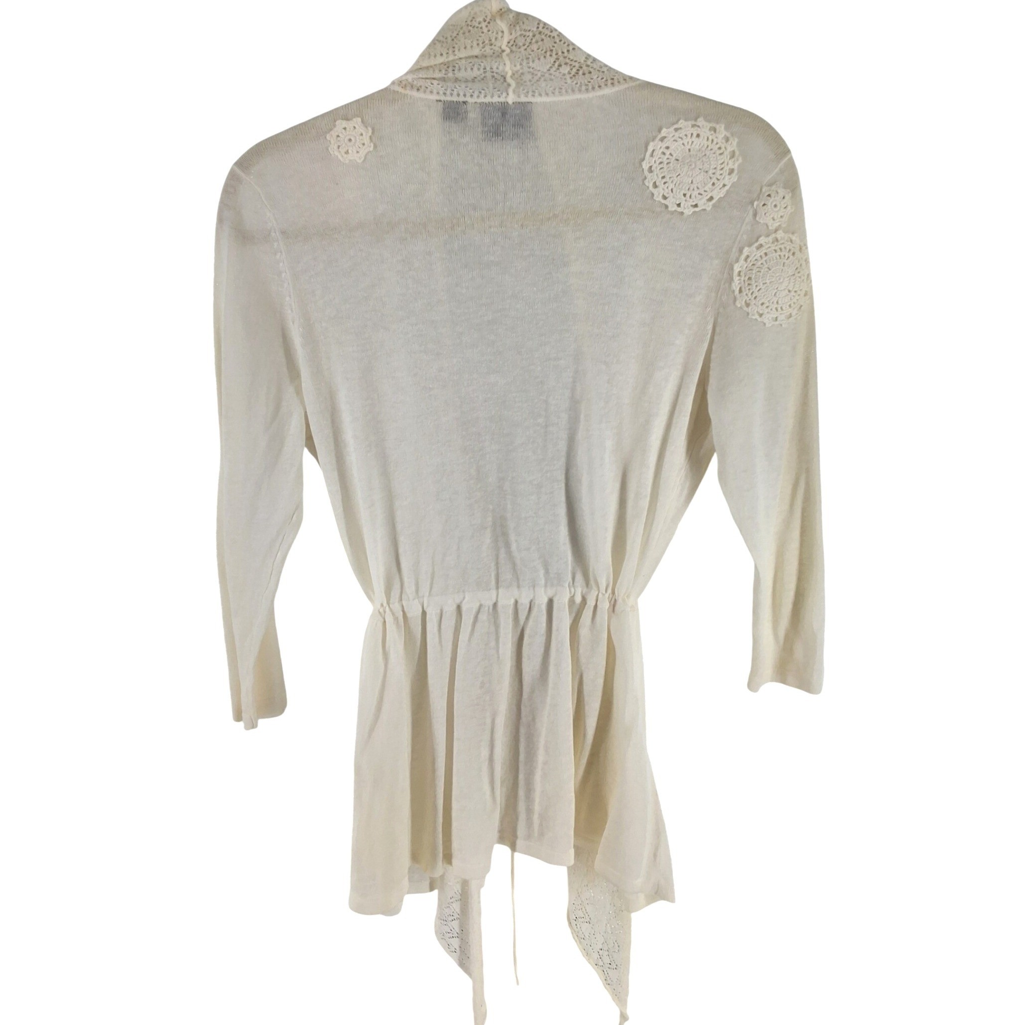 Tribal Cream Linen Blend Crochet Lace Trim Drawstring Cardigan Small 7695O-A15