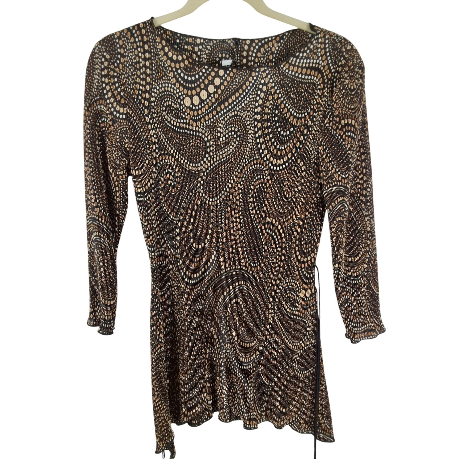 Connected Apparel Brown Paisley Plisse Pleated 3/4 Tunic Top M - View 6