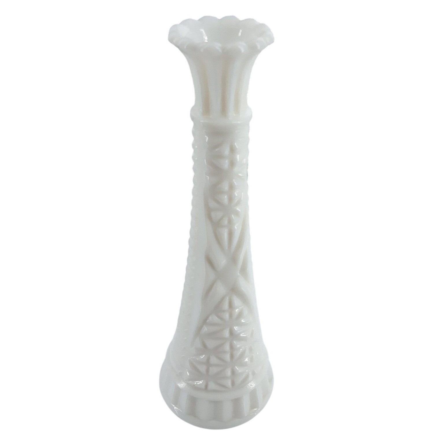 Anchor Hocking Vintage Milk Glass Bud Vase 9 Inch Starburst Bars Pattern MCM