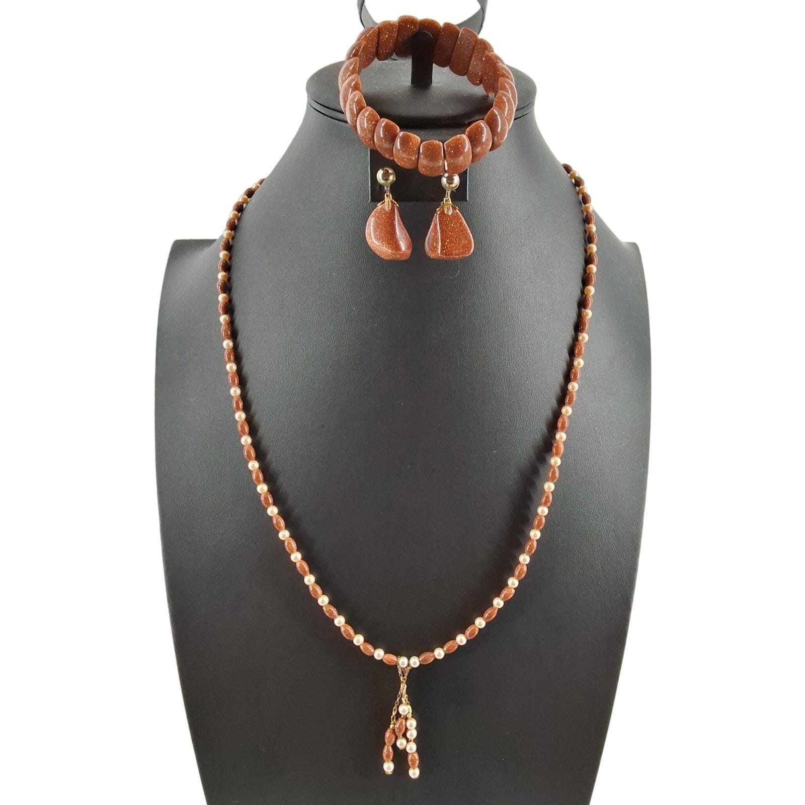Vintage Goldstone Faux Pearl Tassel Necklace Bracelet Clip Earring Set