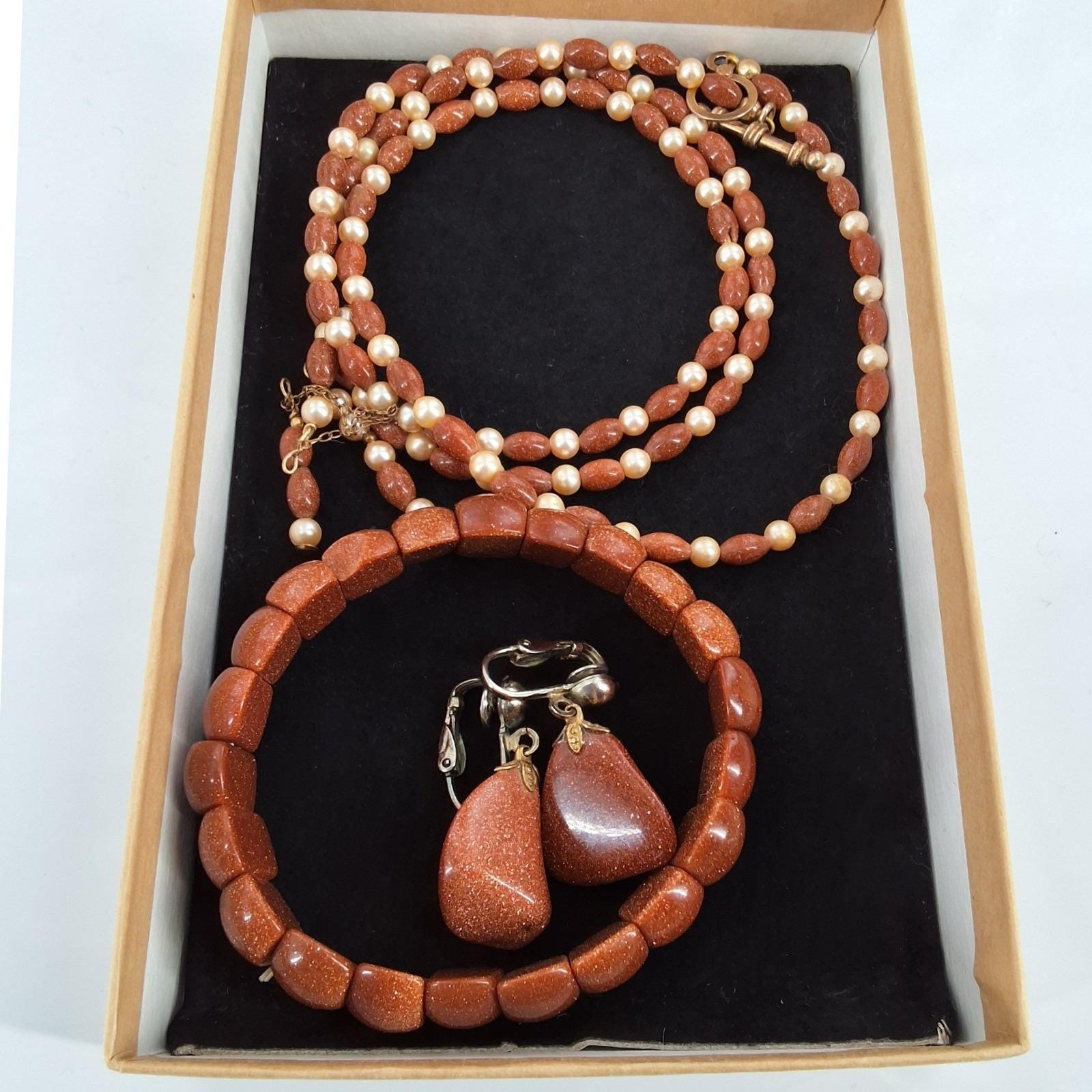 Vintage Goldstone Faux Pearl Tassel Necklace Bracelet Clip Earring Set