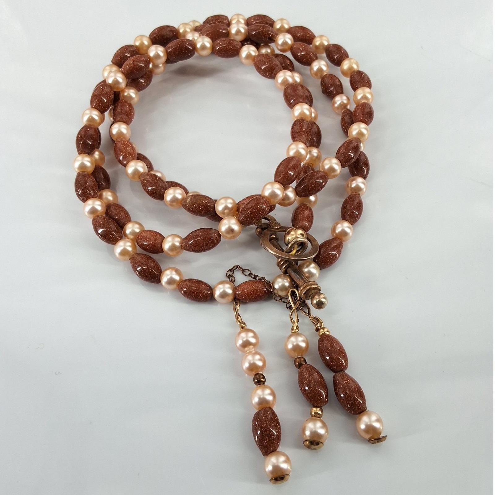 Vintage Goldstone Faux Pearl Tassel Necklace Bracelet Clip Earring Set - View 5