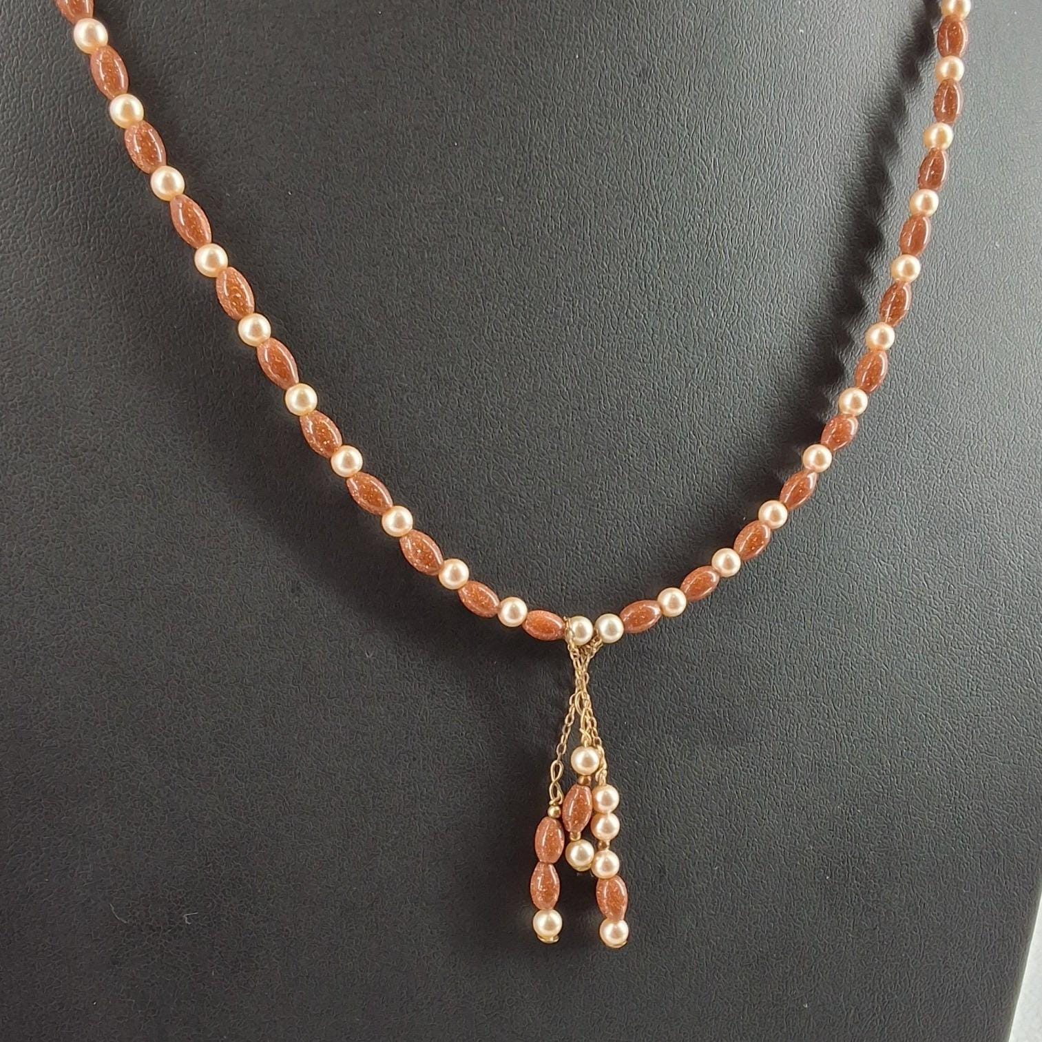 Vintage Goldstone Faux Pearl Tassel Necklace Bracelet Clip Earring Set - View 6