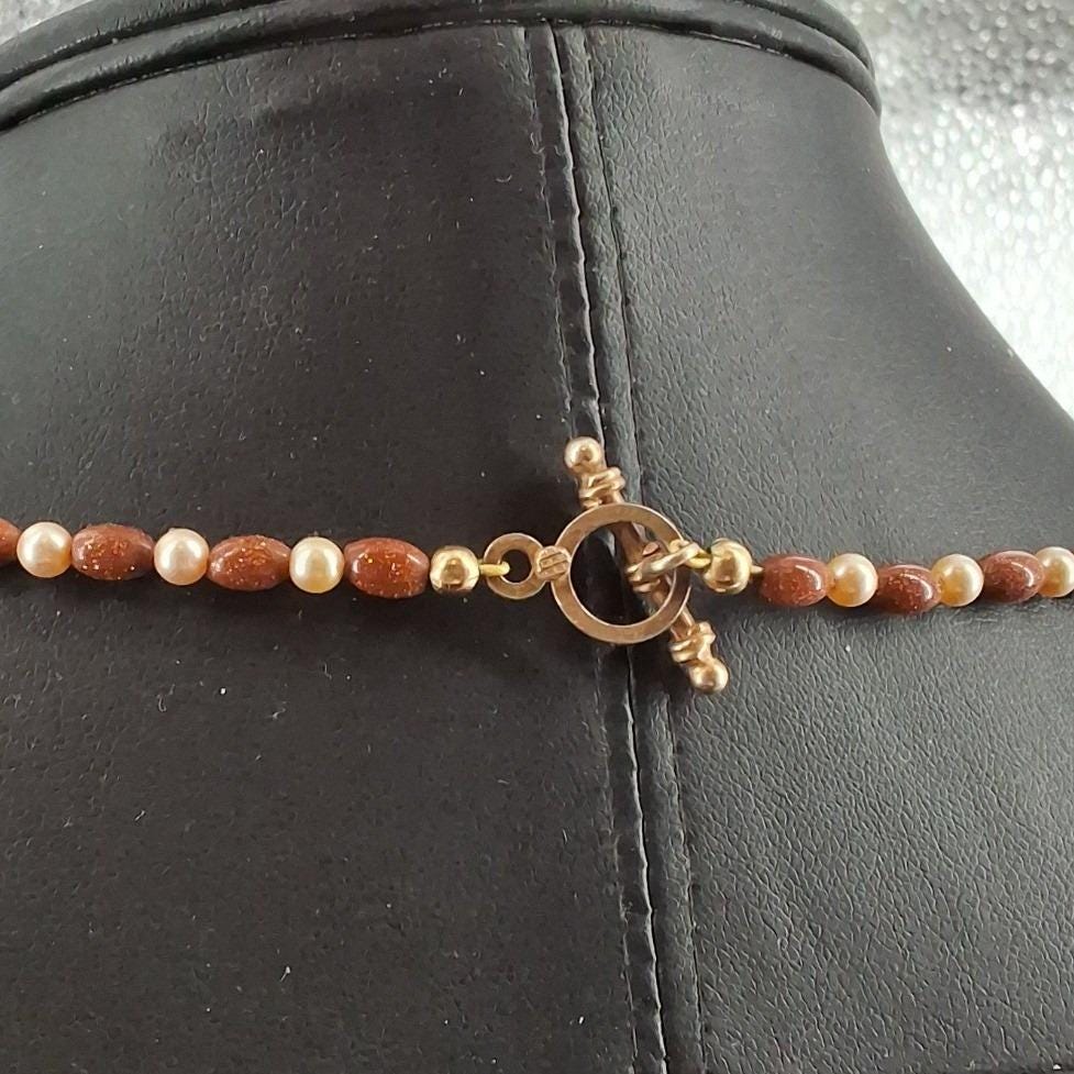 Vintage Goldstone Faux Pearl Tassel Necklace Bracelet Clip Earring Set - View 7