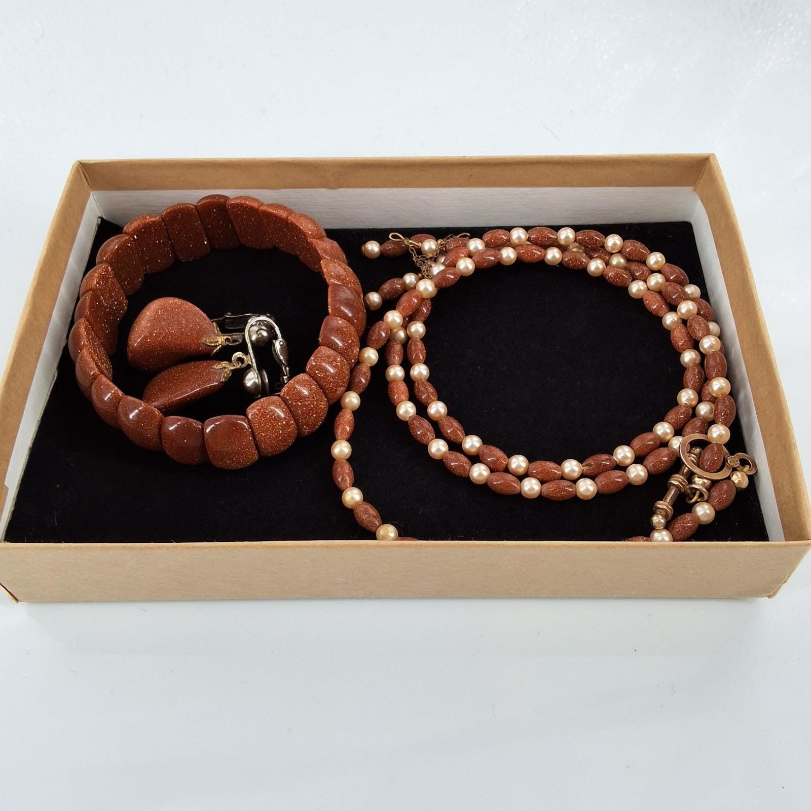 Vintage Goldstone Faux Pearl Tassel Necklace Bracelet Clip Earring Set - View 8