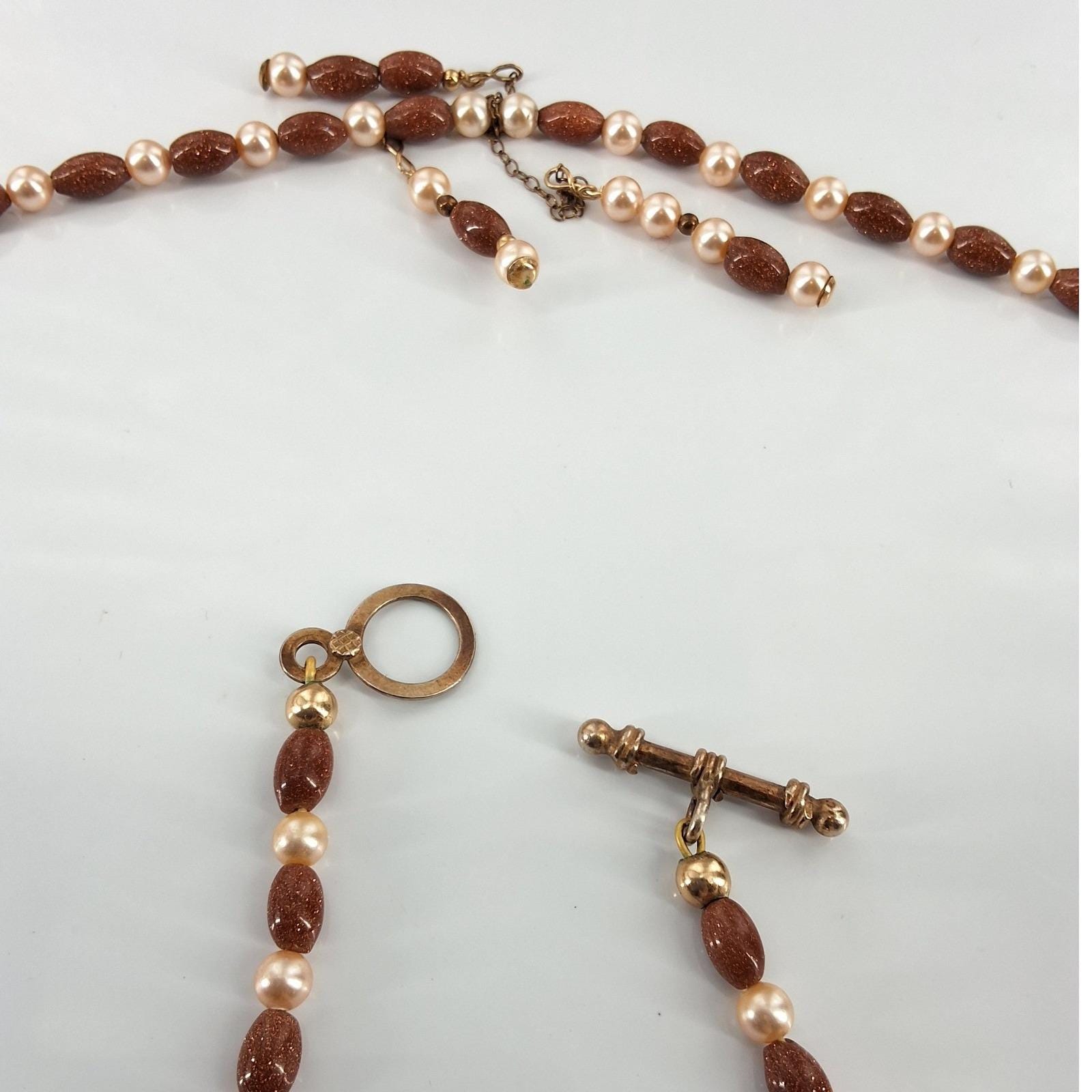 Vintage Goldstone Faux Pearl Tassel Necklace Bracelet Clip Earring Set - View 9