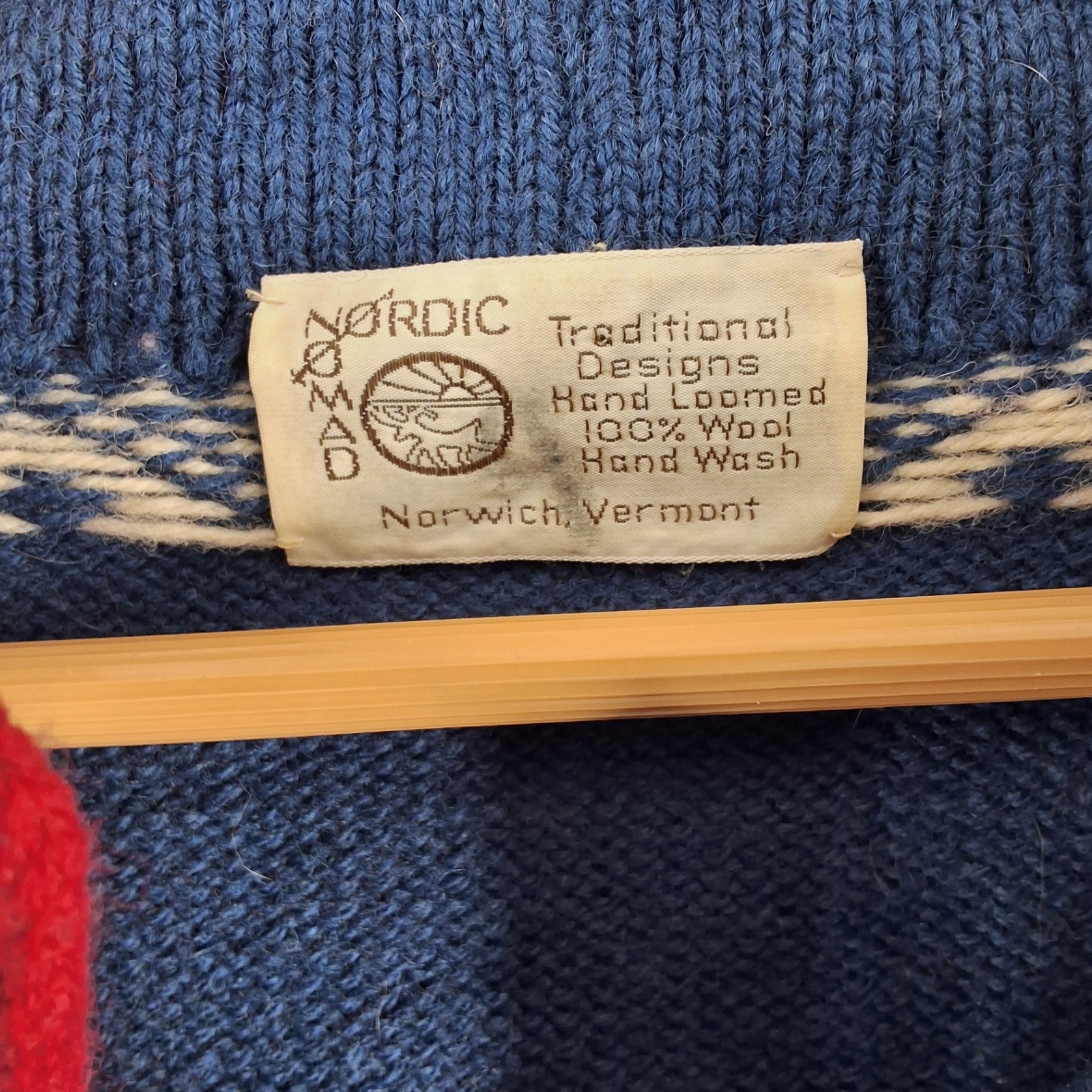 Nordic Nomad Vintage 100% Wool Hand Loomed Sweater Blue Fair Isle Split Neck - View 3
